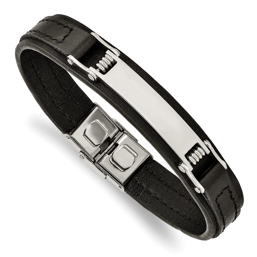 Stainless Steel Polished Black Leather ID Bracelet for Men