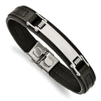Stainless Steel Polished Black Leather ID Bracelet for Men