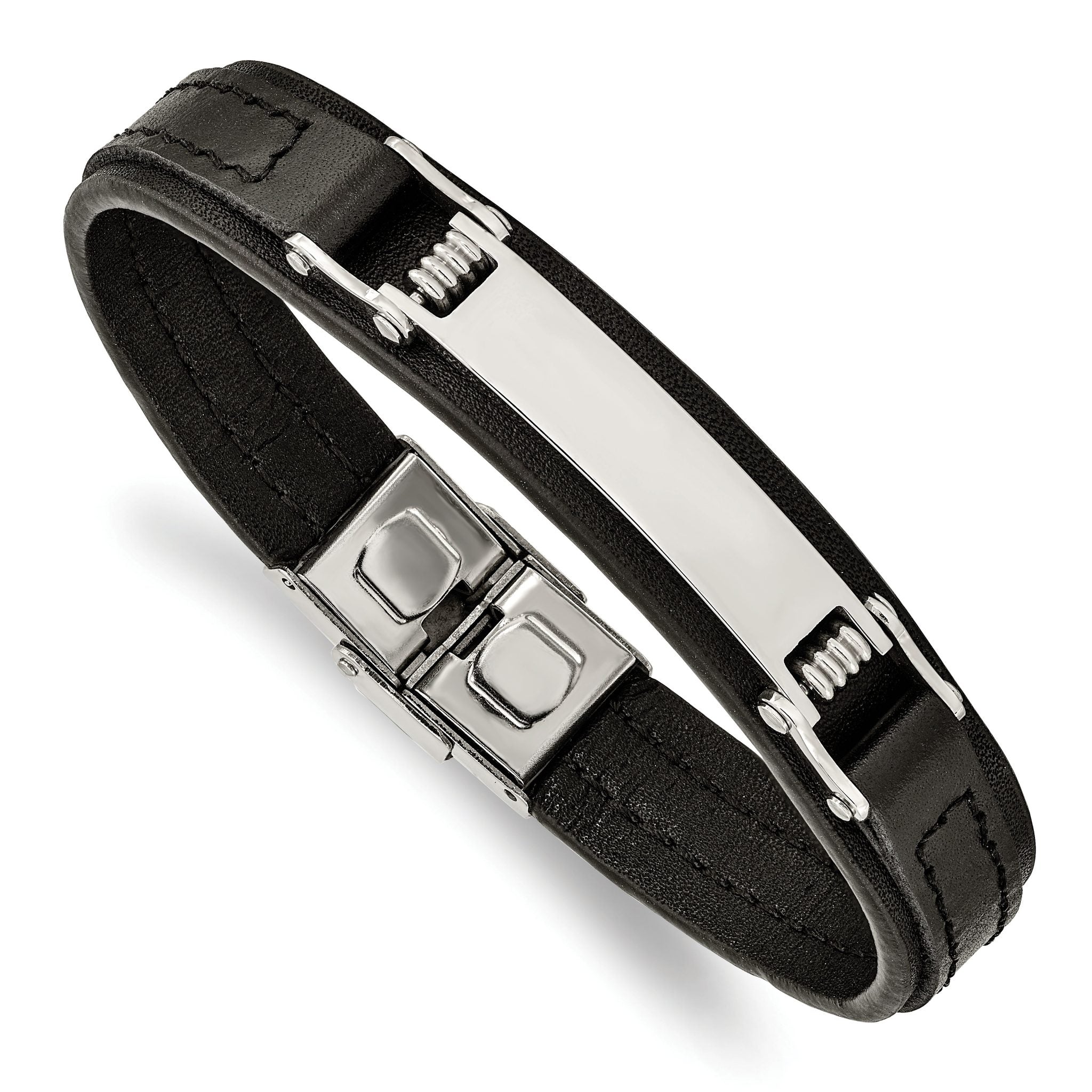 Stainless Steel Polished Black Leather ID Bracelet for Men