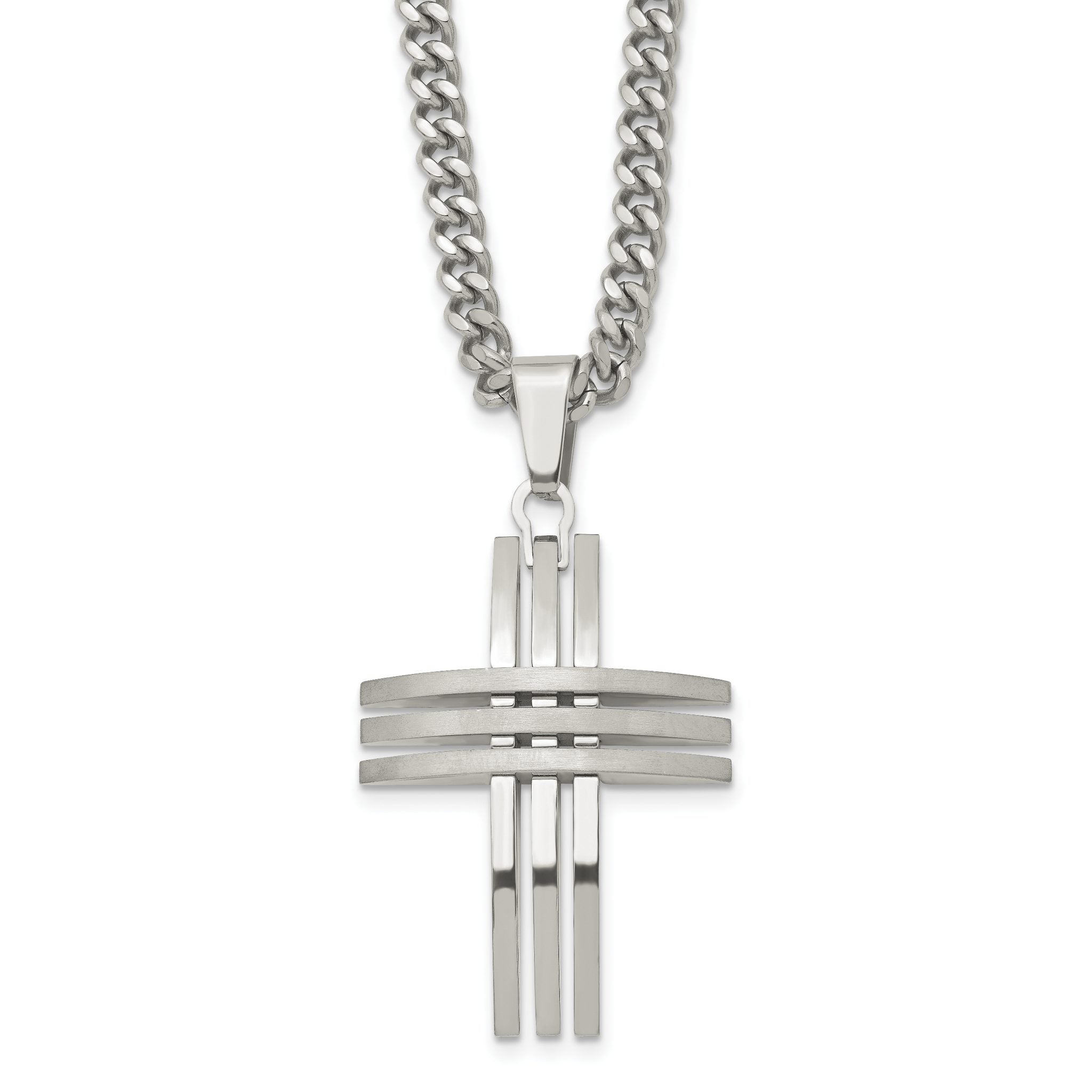 Men's Stainless Steel Cross Necklace with Brushed & Polished Finish 24 Curb Chain Main image