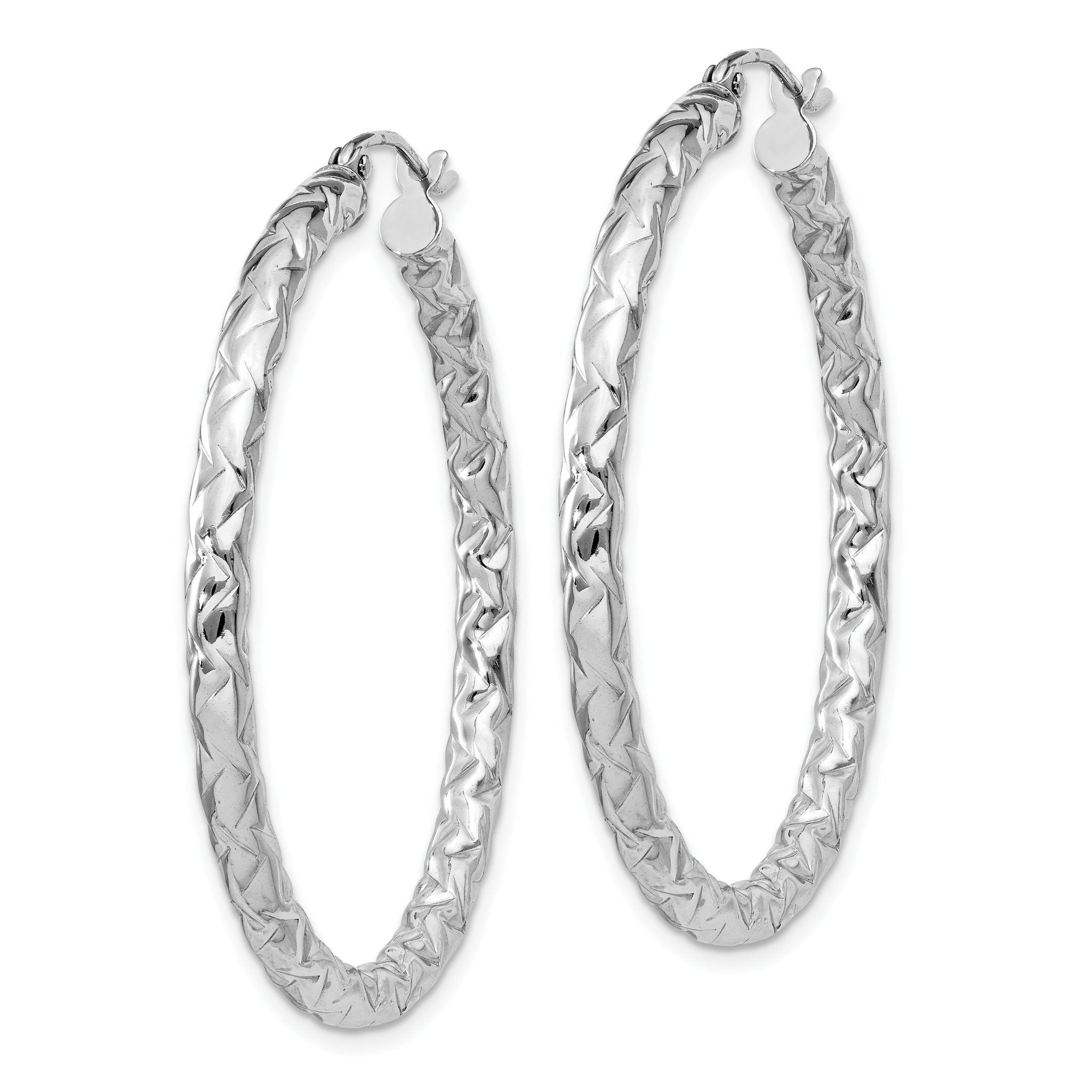 Sterling Silver Rhodium-Plated Textured Hoop Earrings Polished 3x40mm Design