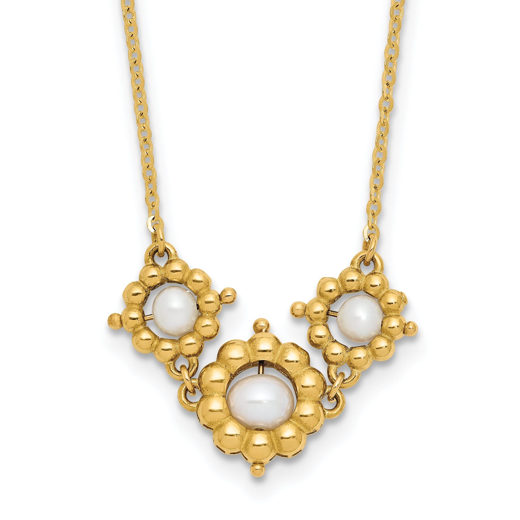 14k Polished FWC Pearl Flower 16in With 2 Inch Extention. Necklace