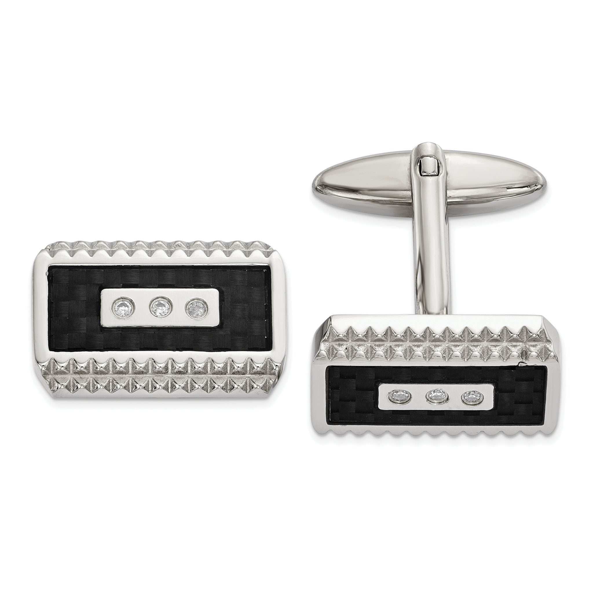 Stainless Steel Black Carbon Fiber & CZ Cuff Links