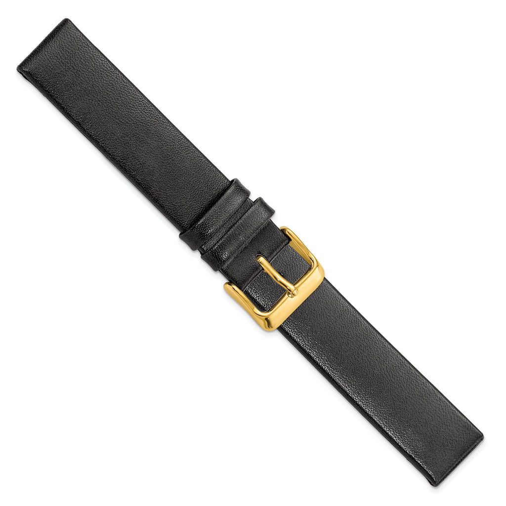 18mm Black Italian Calfskin Leather with Square End Gold-tone Buckle 7.75 inch Watch Band