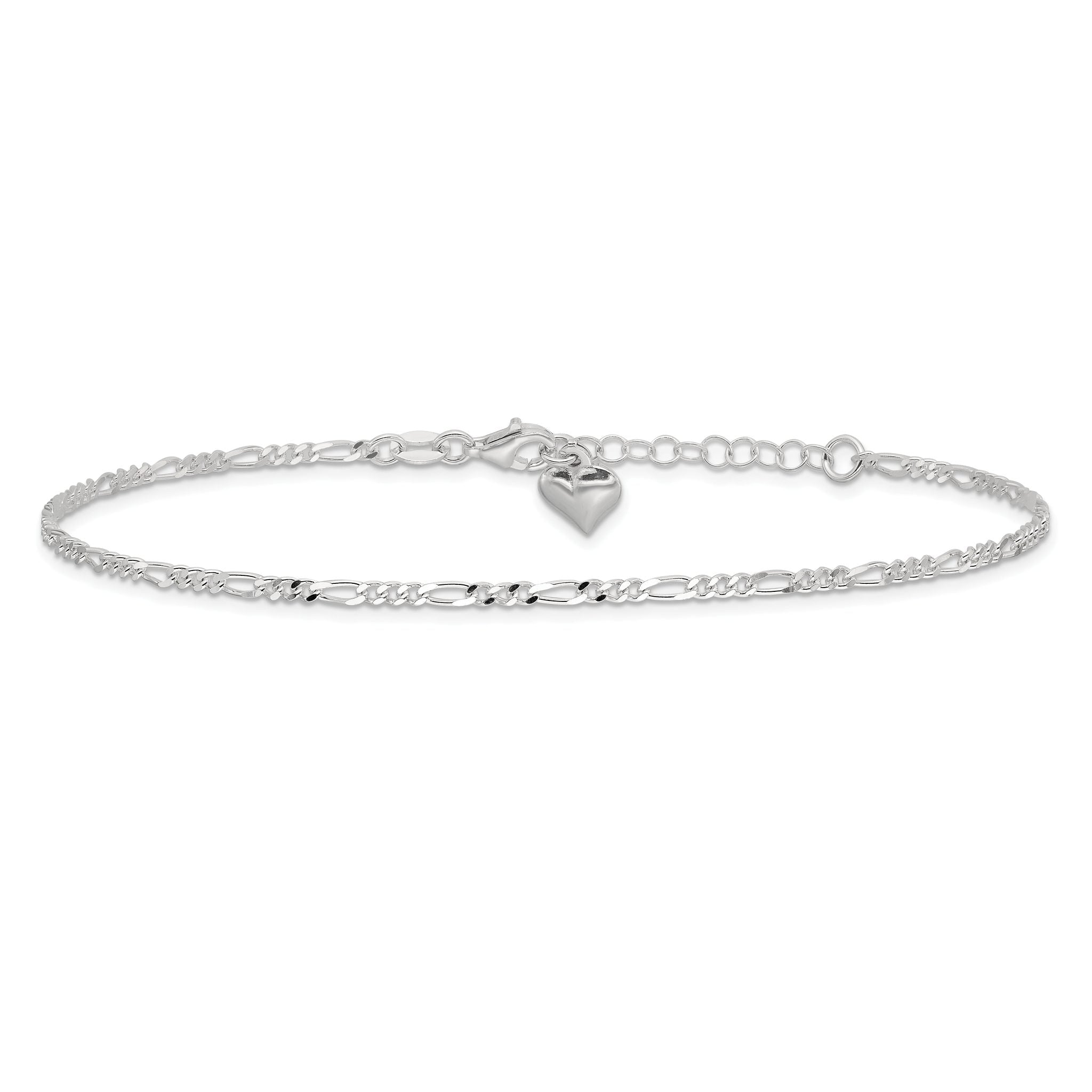 Sterling Silver Figaro with Puffed Heart Dangle 9 inch Plus 1 inch Extender - Total 10 inch Anklet