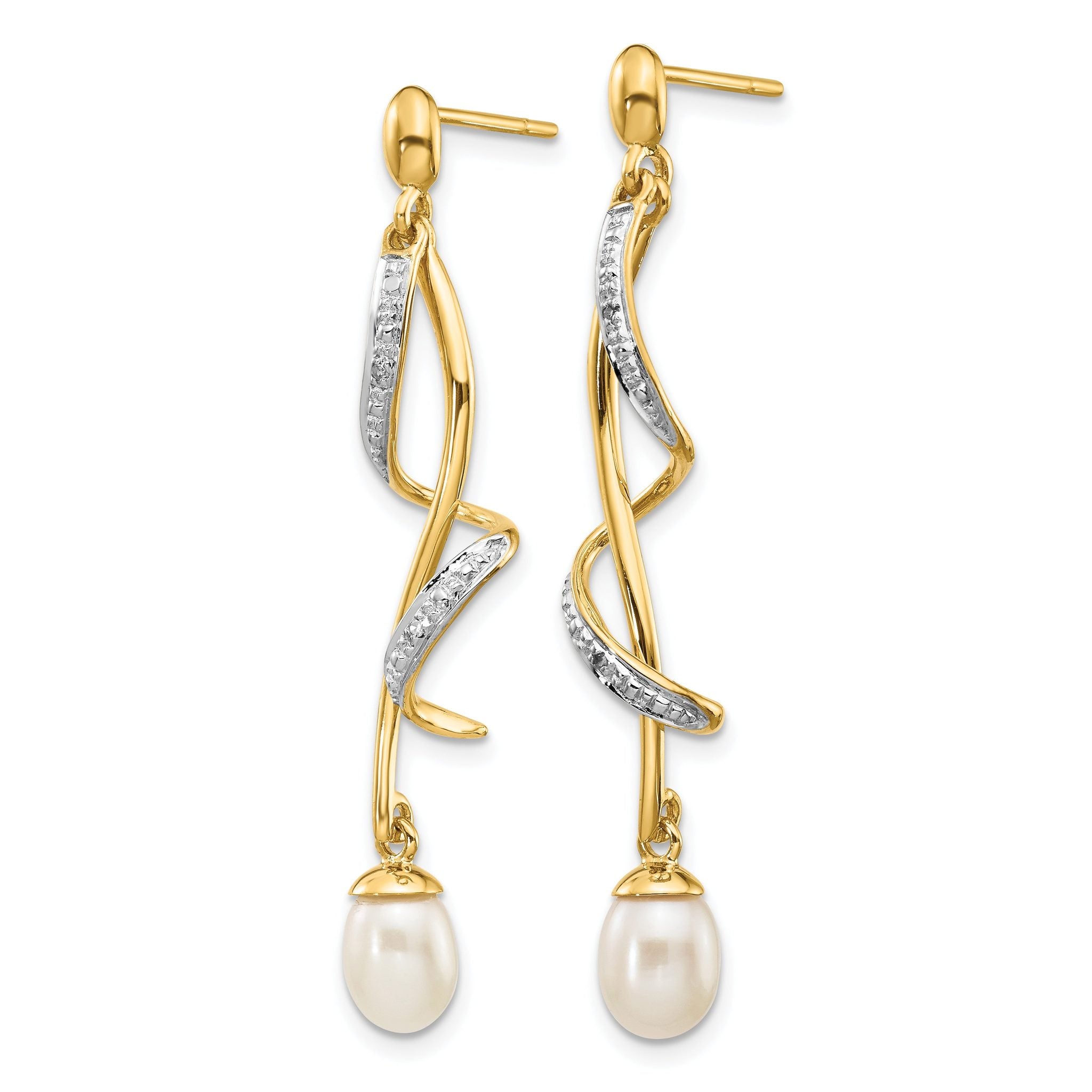 14k 7x5mm White Teardrop FWC Pearl .01ct Diamond Dangle Earrings Secondary image
