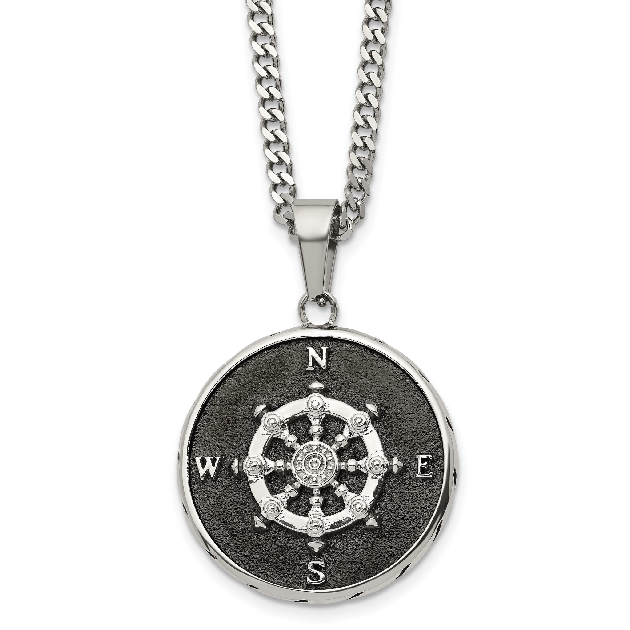 Chisel Stainless Steel Polished Black IP-plated Compass Pendant on a 22 inch Curb Chain Necklace Main image