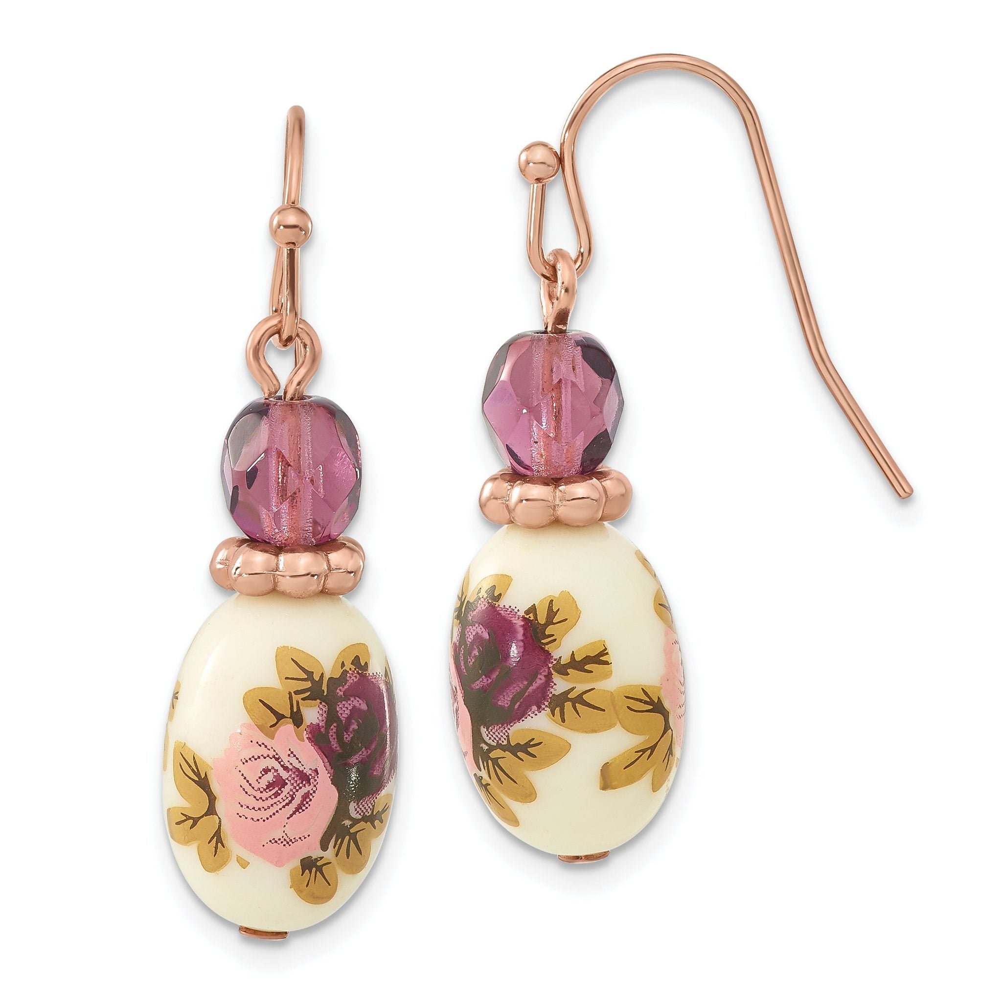 1928 Rose-tone Dark Purple Crystal and Floral Decal Dangle Earrings Main image