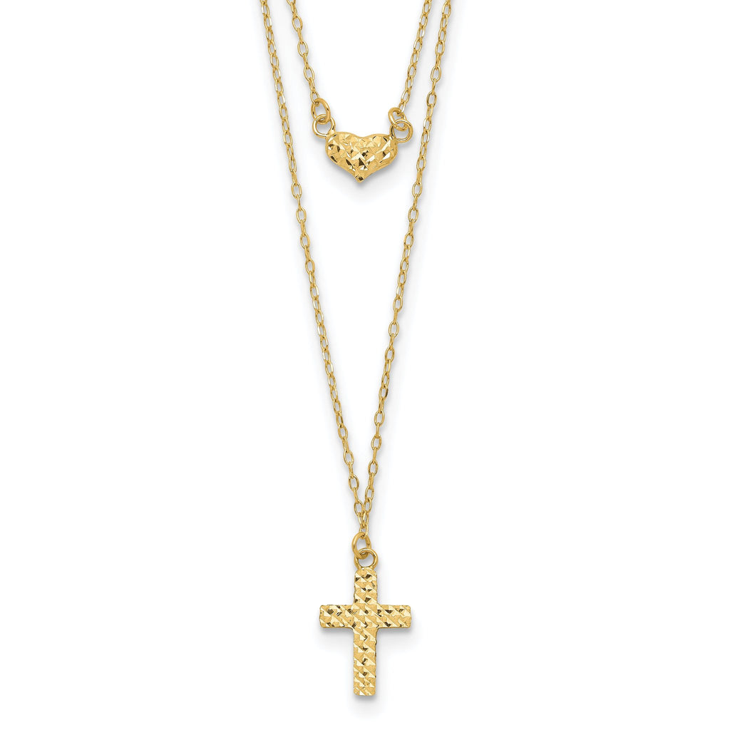 14K Gold Polished Cross & Heart Necklace with Extender Elegant Women's Jewelry