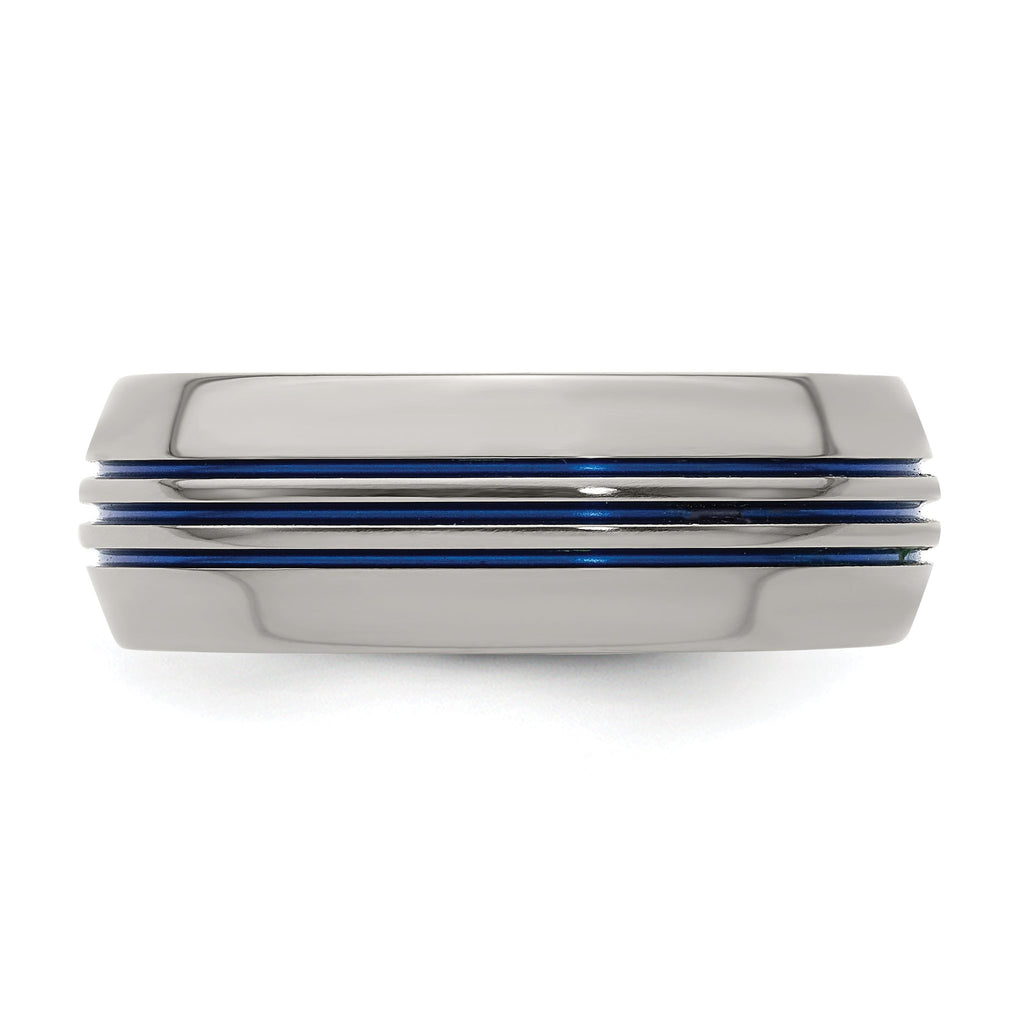 Titanium Wedding Band with Blue Anodized Grooves and Polished Finish