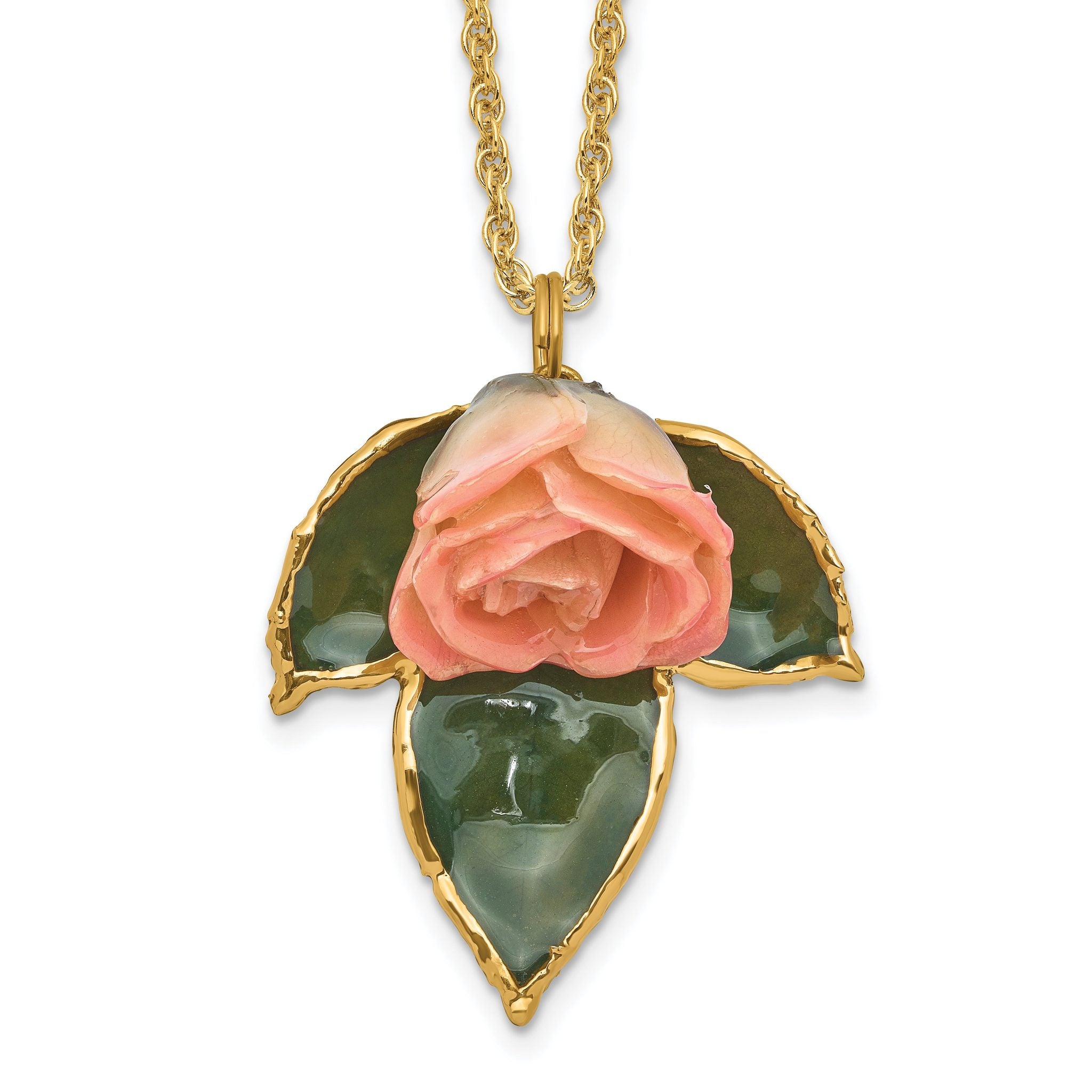 Lacquer Dipped Cream and Pink Real Rose on 24K Gold-trim Lacquered Dipped Leaf 20 inch Gold-tone Necklace Main image
