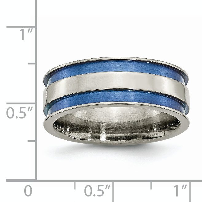 Titanium Polished Blue Anodized Grooved Unisex Wedding Band by Sophia Jewelers