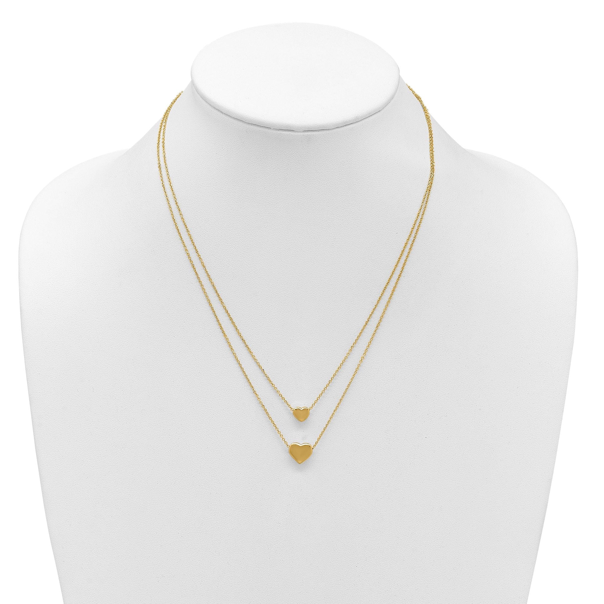 14K Polished Two-Strand Hearts with 1 Inch Ext. Necklace