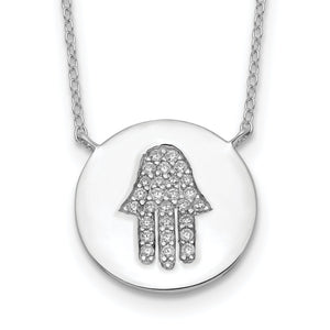 Hamsa Cubic Zirconia Necklace in Sterling Silver with Extender, 16 Inch - Sophia Jewelers