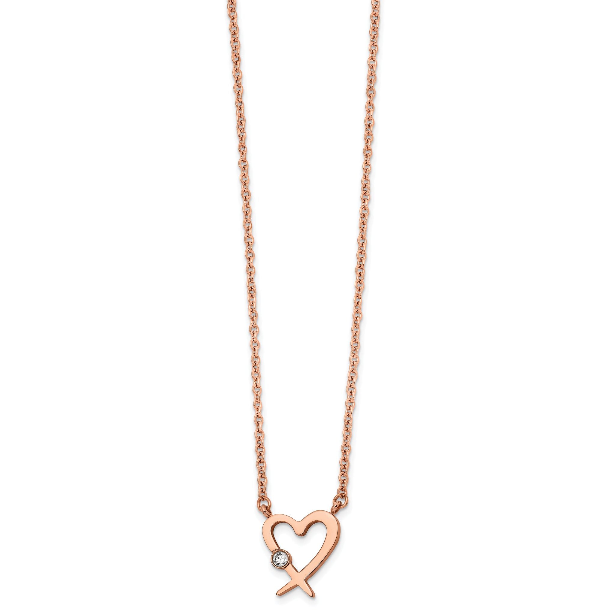 Chisel Stainless Steel Polished Rose IP-plated with Austrian Crystal Heart on a 16 inch Cable Chain with a 2 inch Extension Necklace