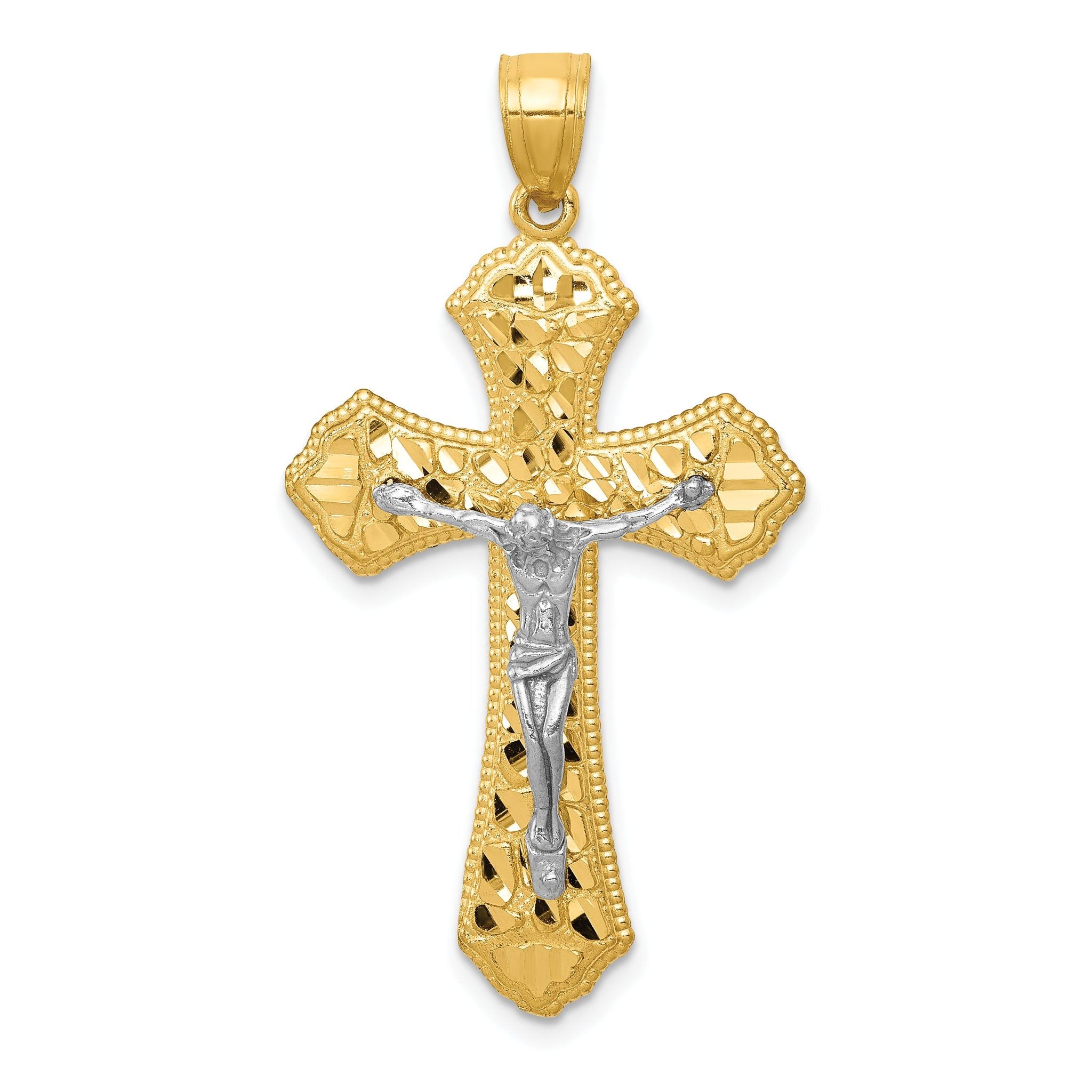 14K Two-Tone Gold Diamond-Cut Passion Crucifix Pendant Polished Finish
