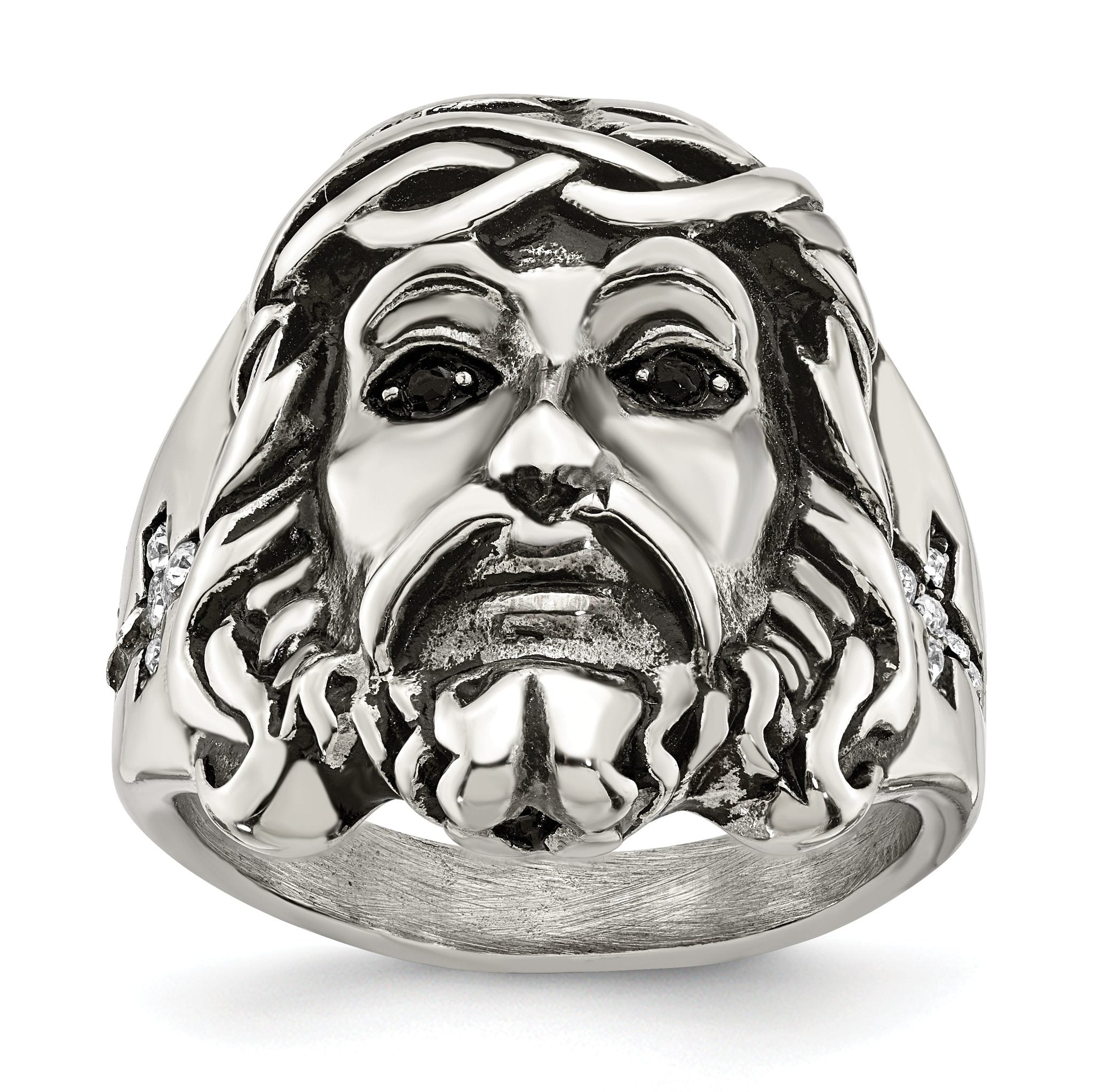 Chisel Stainless Steel Antiqued and Polished with Black and White Crystal Jesus Ring Main image