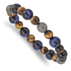 Stainless Steel Antiqued and Polished 8-10mm Brown and Blue Tiger's Eye Beaded Stretch Bracelet for Men