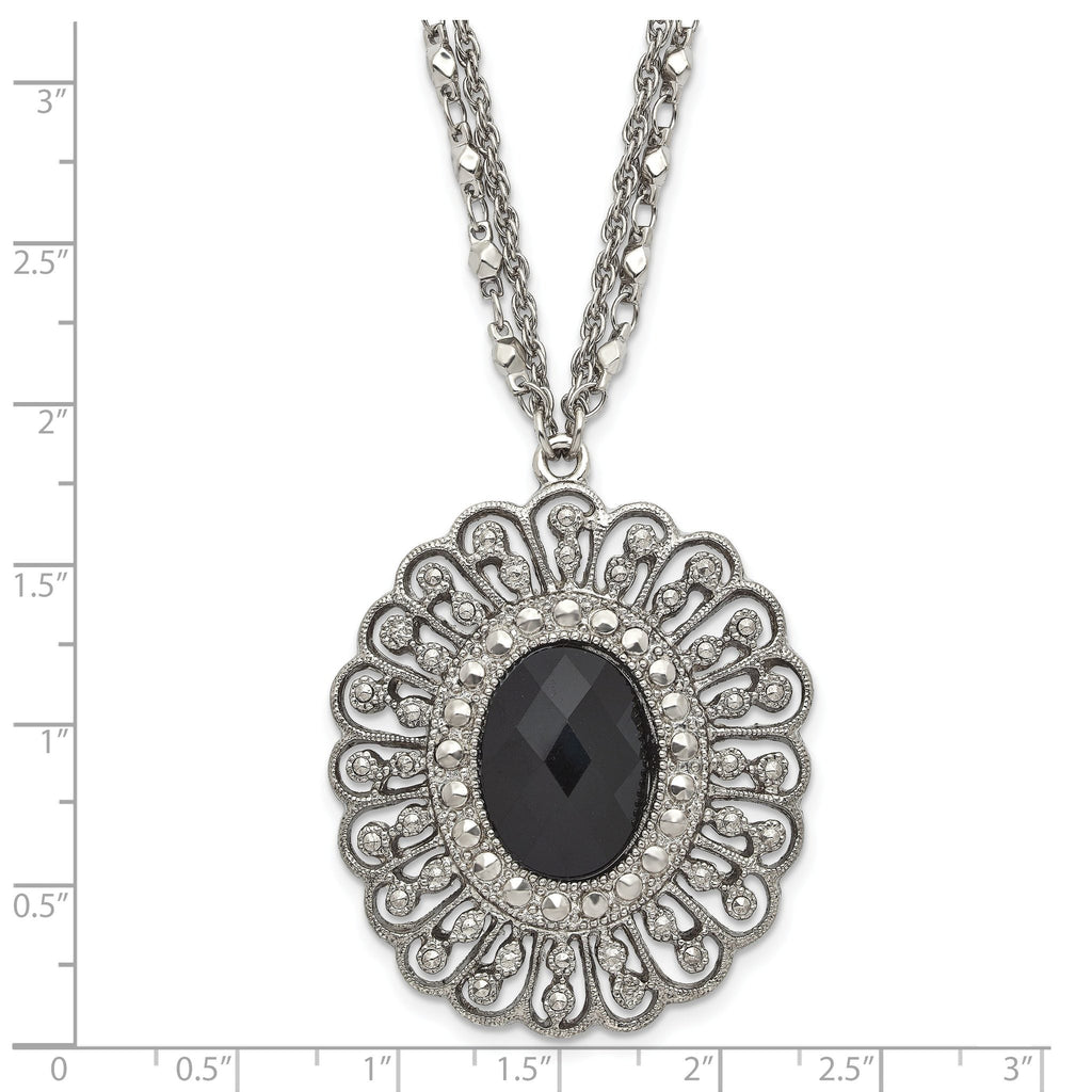 1928 Silver-tone Black Epoxy & Acrylic Fancy Bead With 3in ext. Necklace