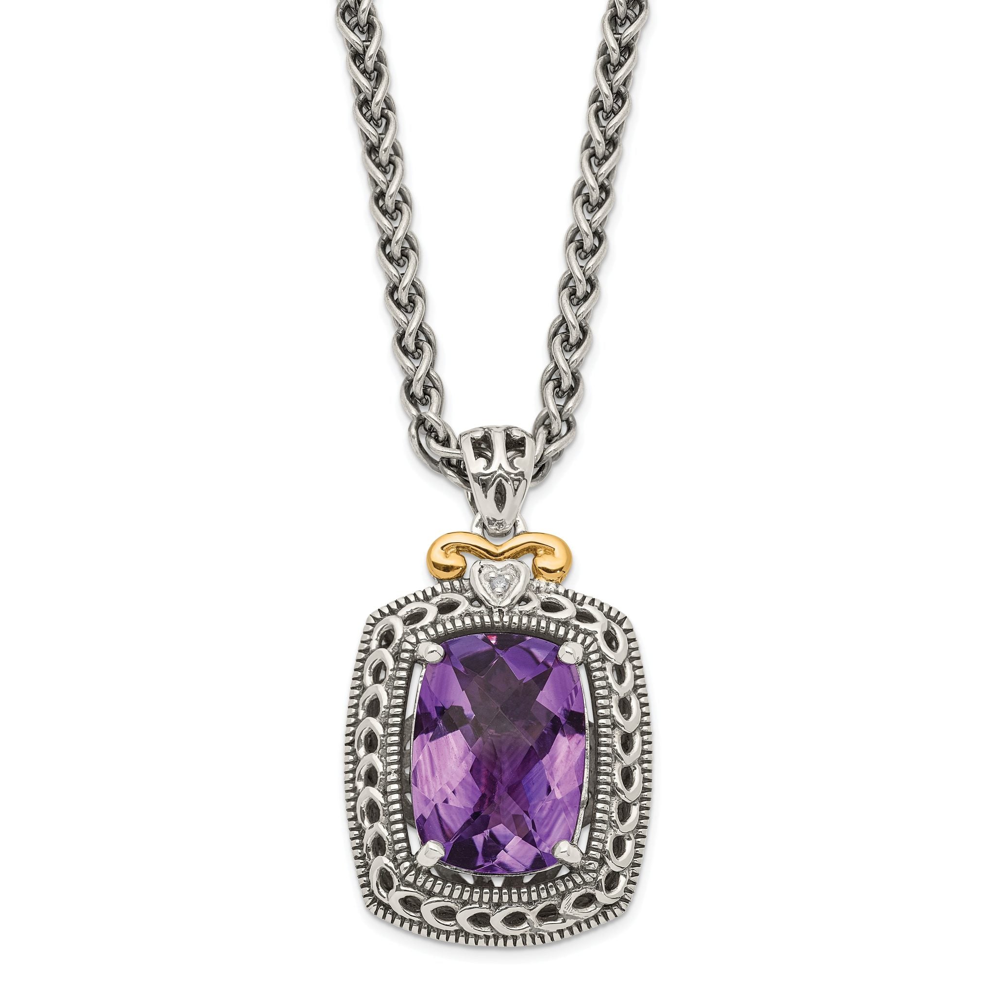 Shey Couture Sterling Silver with 14K Accent 18 Inch Antiqued Checkerboard-cut Cushion Amethyst and Diamond Necklace Main image