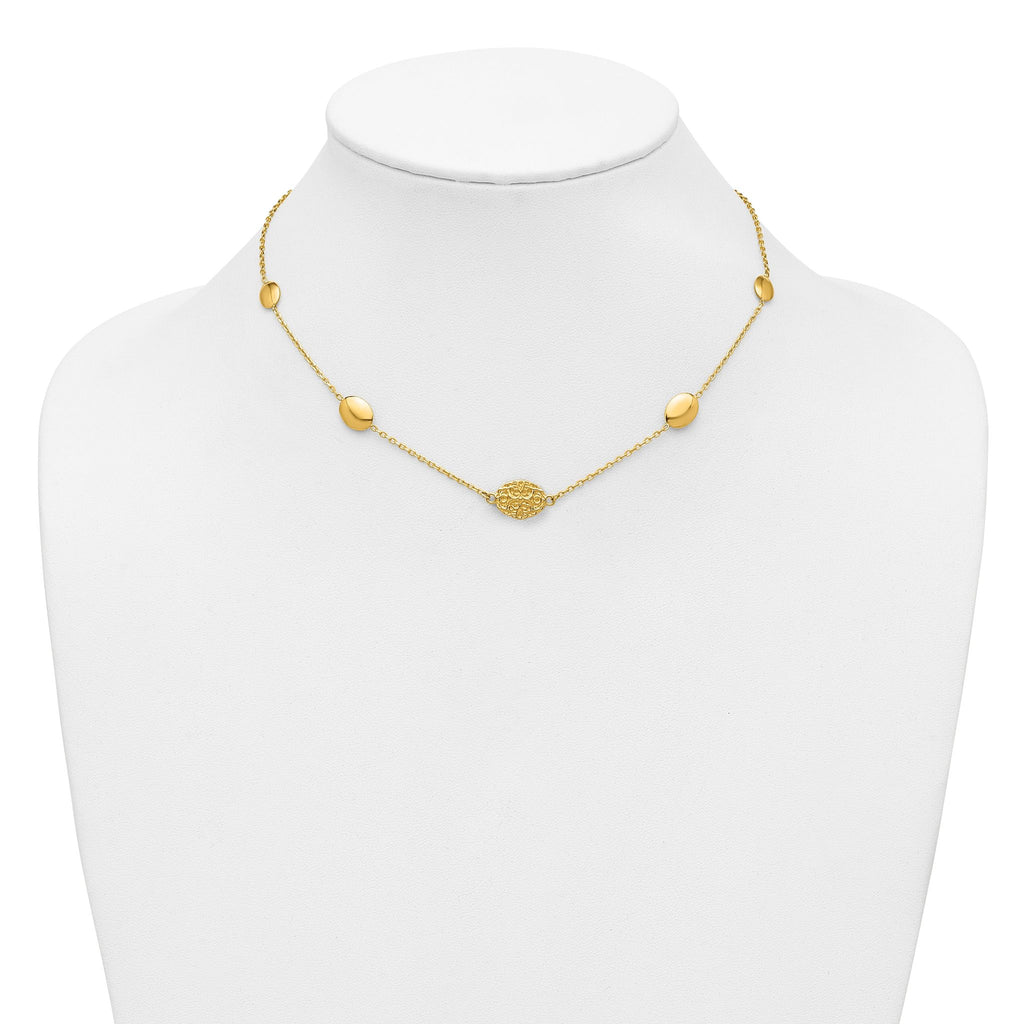 14K Polished Oval Textured w/.2in Ext. Fancy Necklace