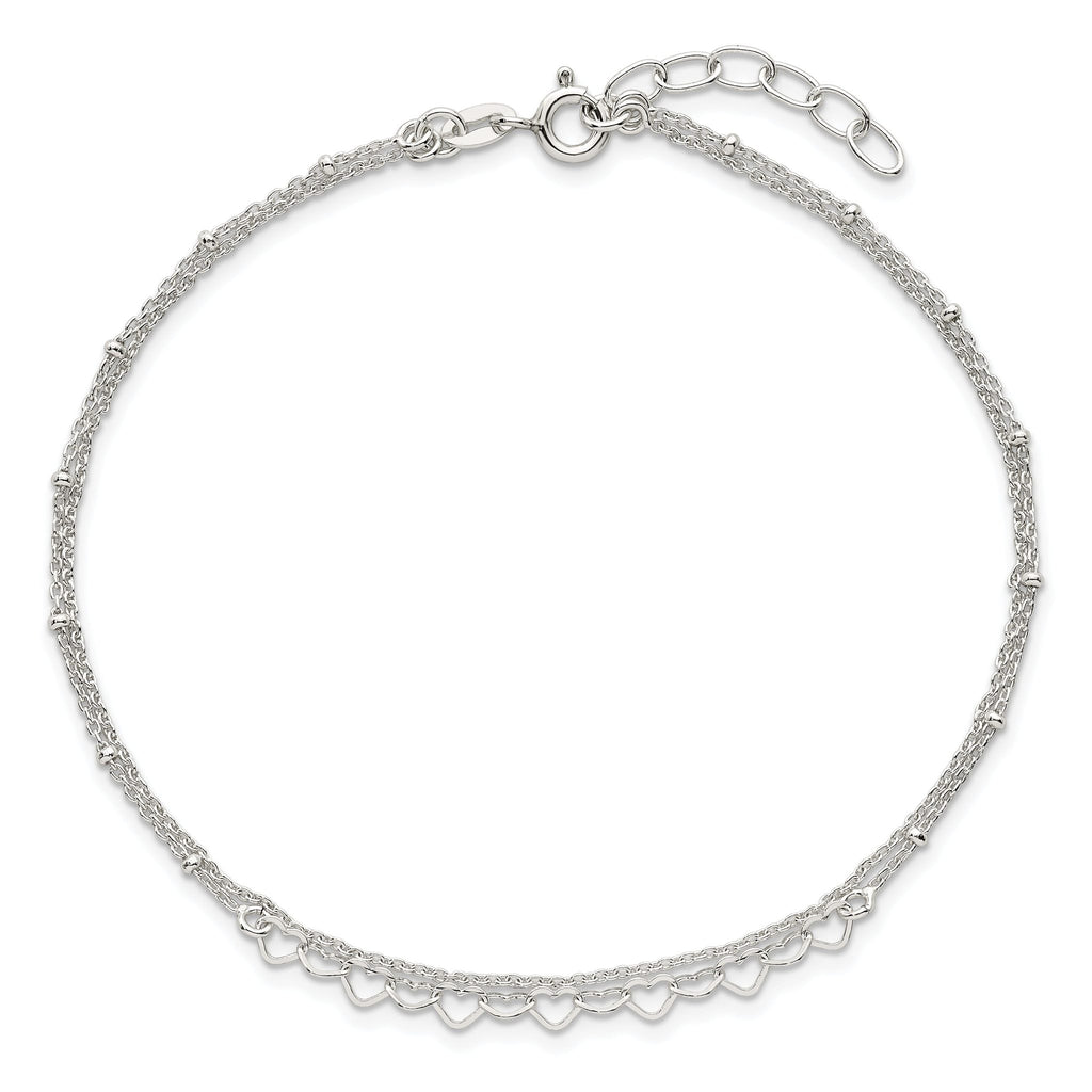 Sterling Silver Beaded Hearts Double Strand 9 inch with 1 inch Extender - Total 10 inch Anklet