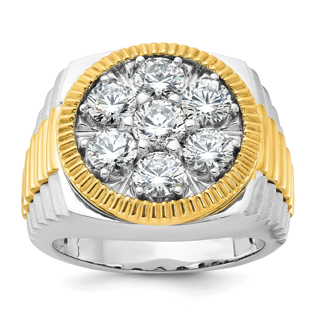 14k Two-tone Men's Polished Satin and Ribbed Round Cluster Ring Mounting, Mounting Only