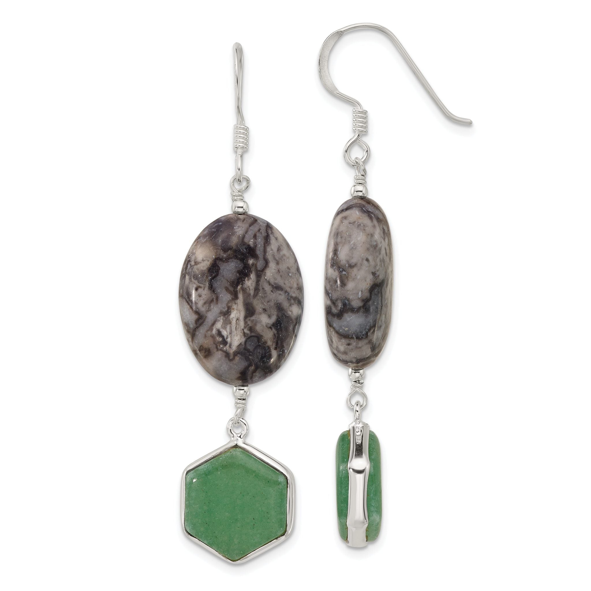 Sterling Silver Hexagon Aventurine & Oval Leopard Jasper Dangle Earrings Main image