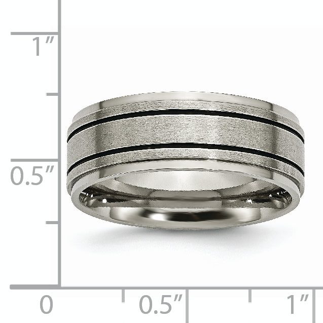 Black Enamel Ridged Wedding Band in Titanium, 8mm