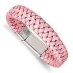Stainless Steel Polished Metallic Pink Braided Leather Bracelet for Women