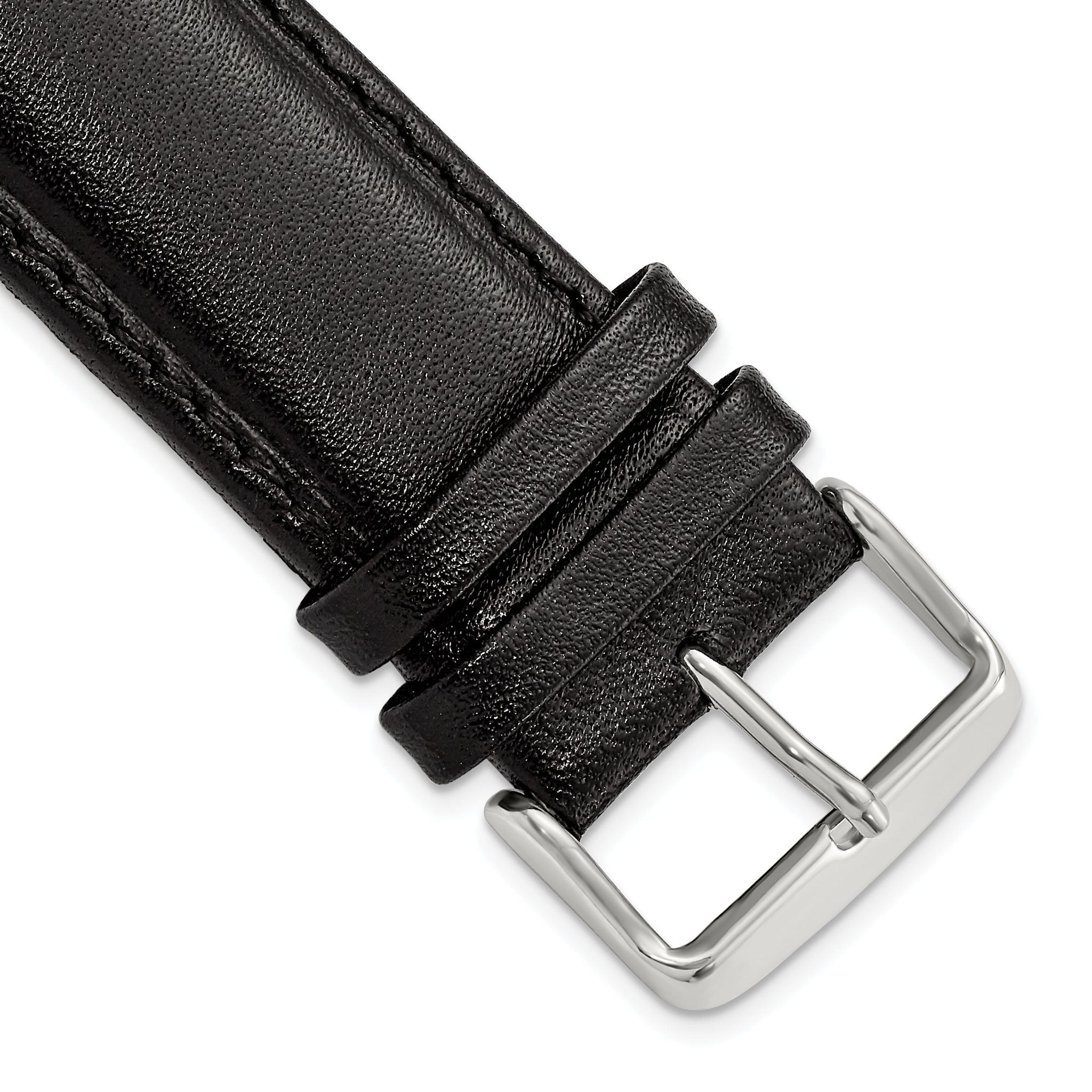 Long Black Leather Watch Band in Chronograph Style, 20mm