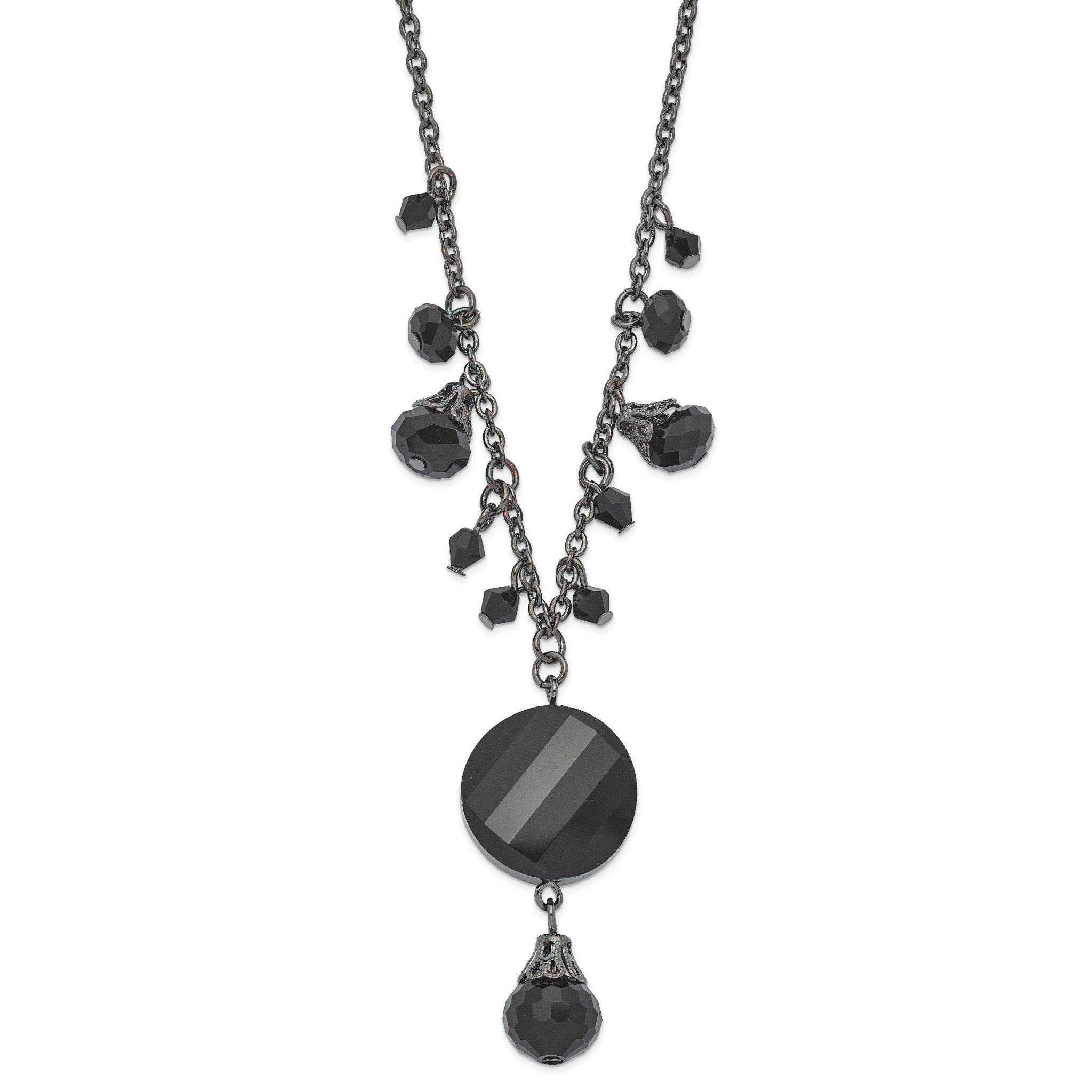 1928 Jewelry Black-plated Jet Black Faceted Glass Dangle Beads 16 inch Necklace with 3 inch extension Main image