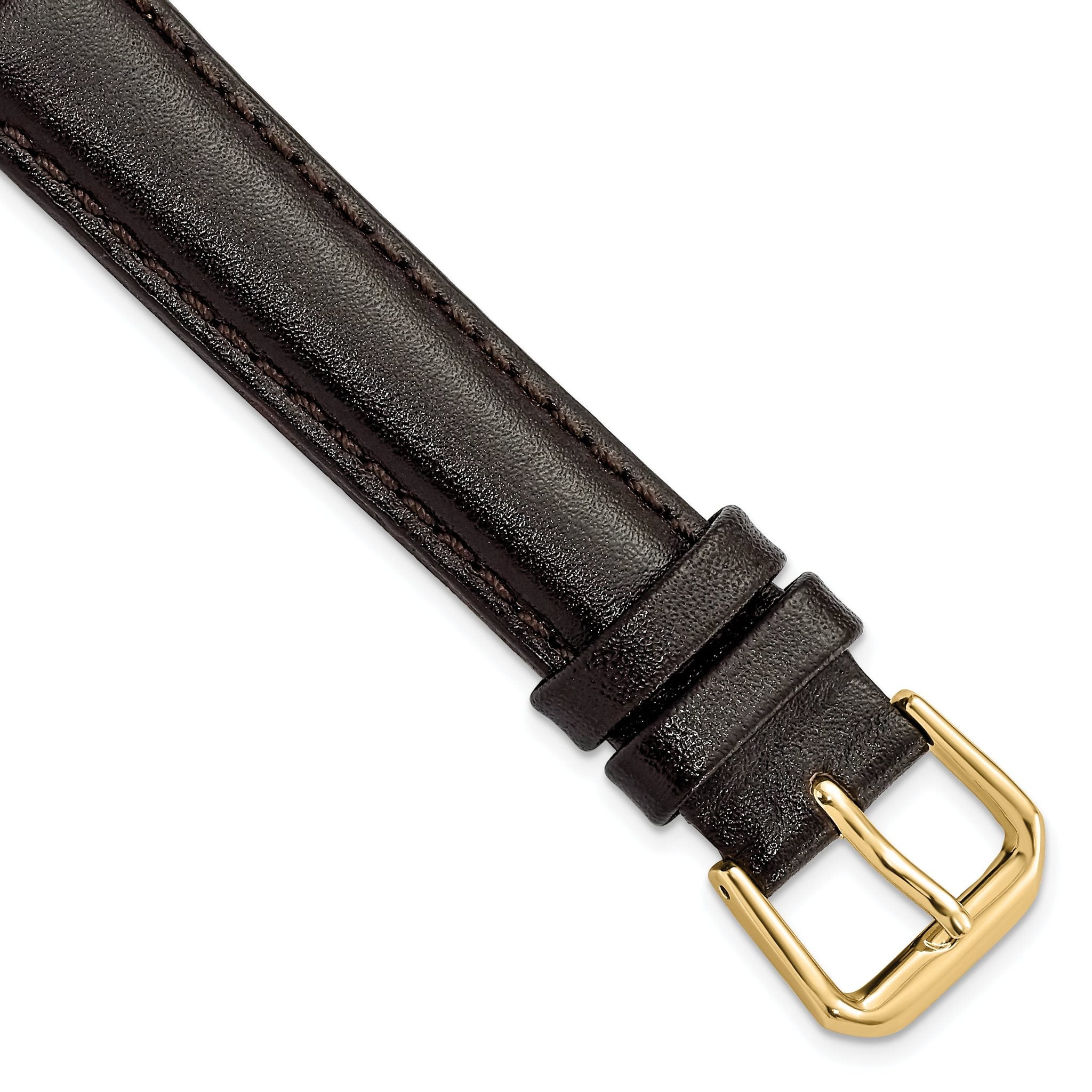 Smooth Leather Watch Band in Dark Brown with Gold-Tone Buckle, 19mm