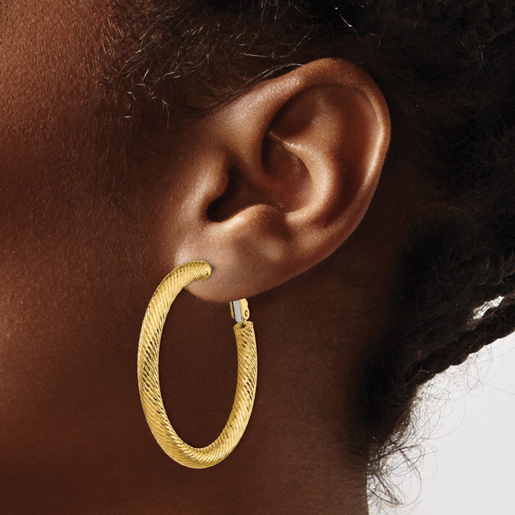 14K Gold Diamond-Cut Hoop Earrings with Omega Back  Polished Finish