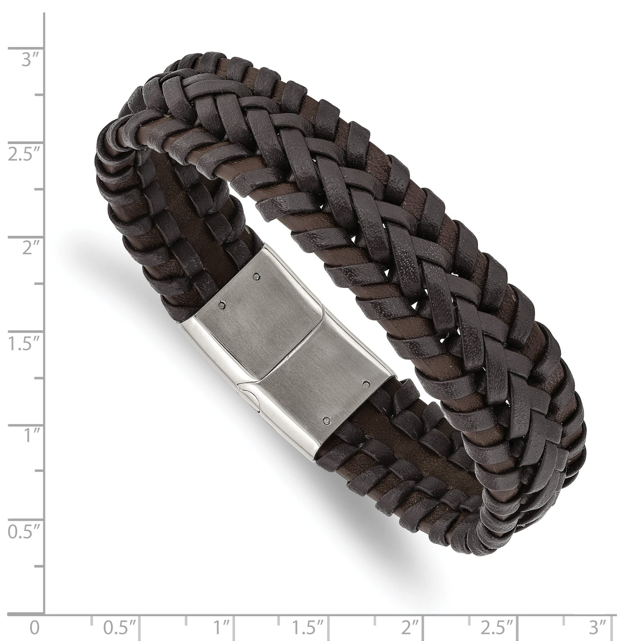 Stainless Steel Polished Brown Braided Leather Bracelet for Men