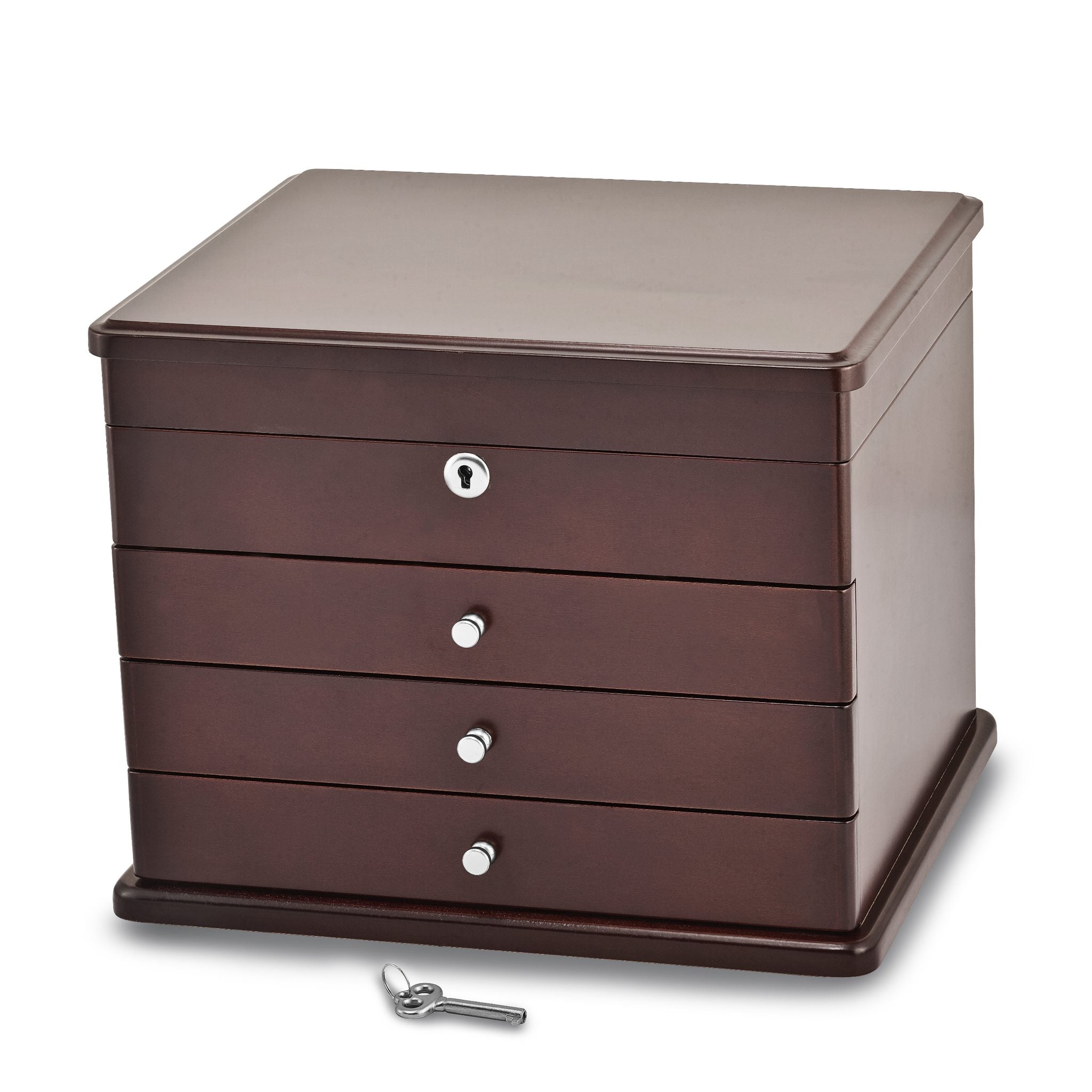 Luxury Giftware Matte Mahogany Finish Poplar Veneer 3-drawer w/Hidden Storage Locking Wooden Jewelry Chest Main image