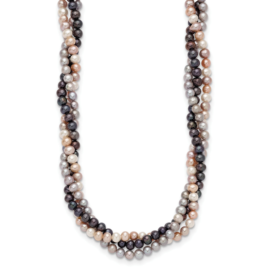 14k White Gold 6-7mm Pink/Gray/Black Near-Round Freshwater Cultured Pearl 3-Strand 18 inch Necklace