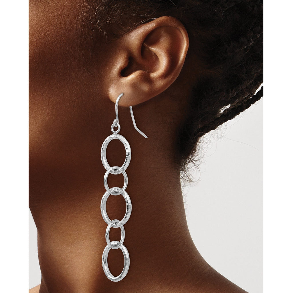 14k White Gold Diamond Cut Circle Dangle Earrings