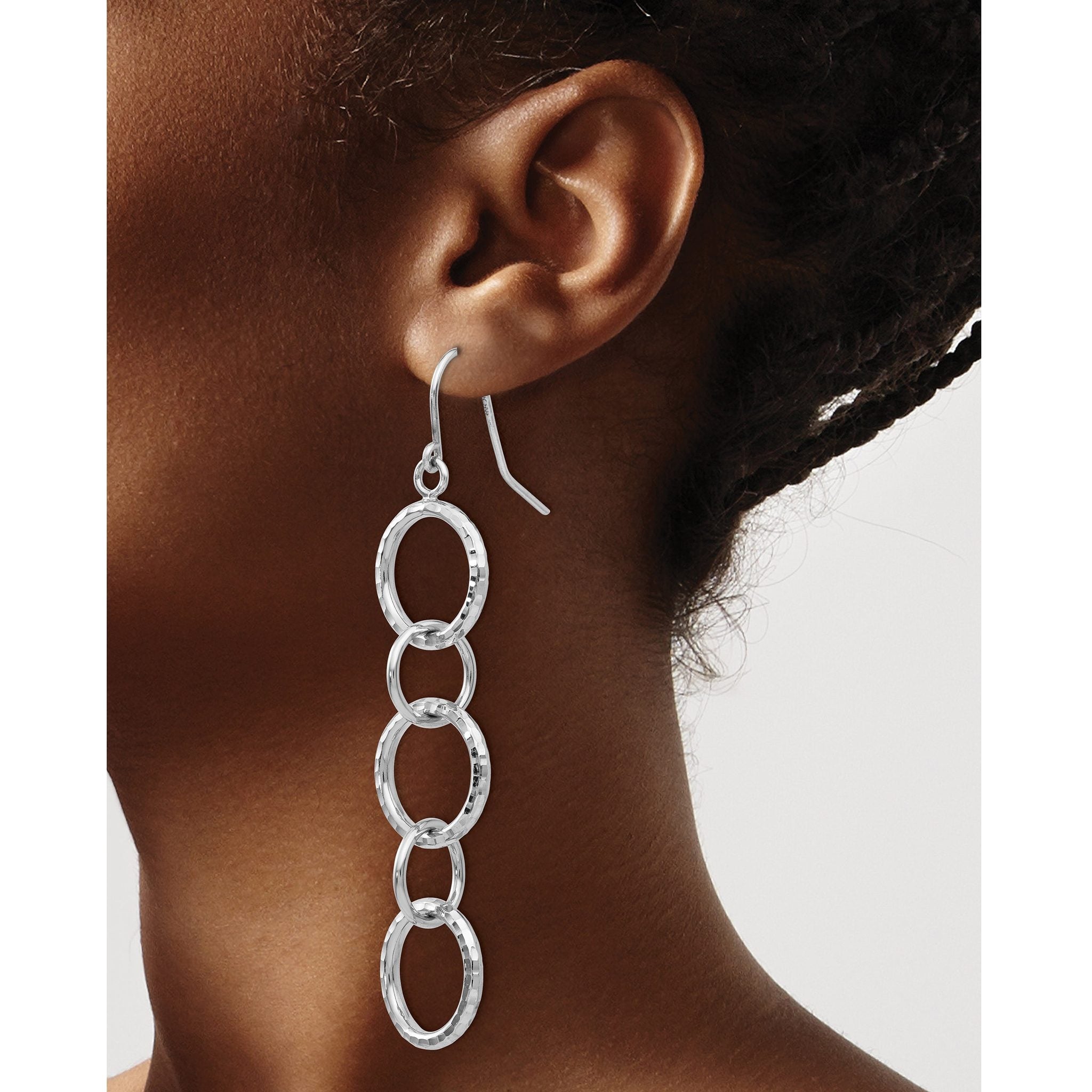 14k White Gold Diamond Cut Circle Dangle Earrings