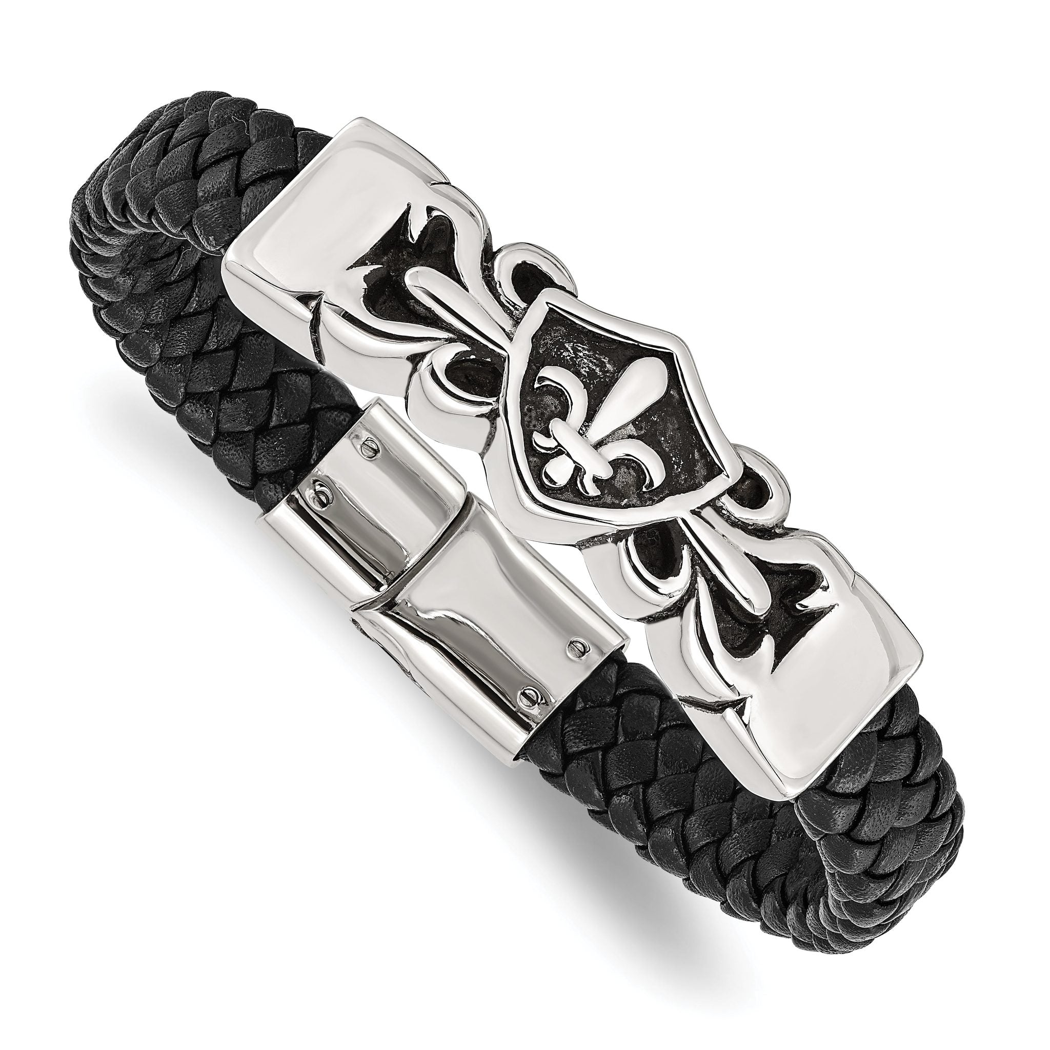 Stainless Steel Antiqued and Polished Fleur de Lis Black Braided Leather Bracelet for Men Main image