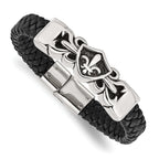 Stainless Steel Antiqued and Polished Fleur de Lis Black Braided Leather Bracelet for Men