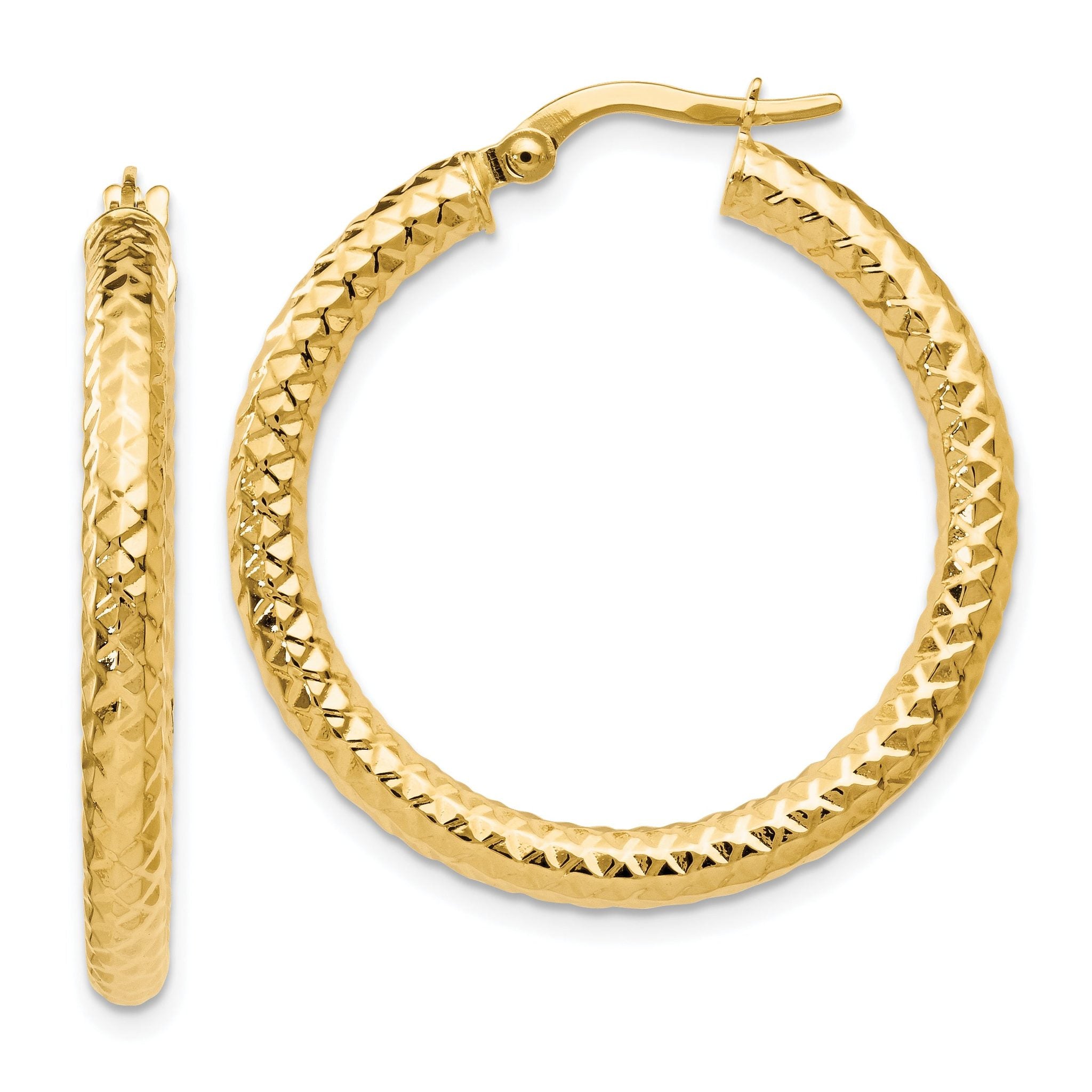 14K Gold ForeverLite Hoop Earrings with Polished & Textured Finish, Hollow Design