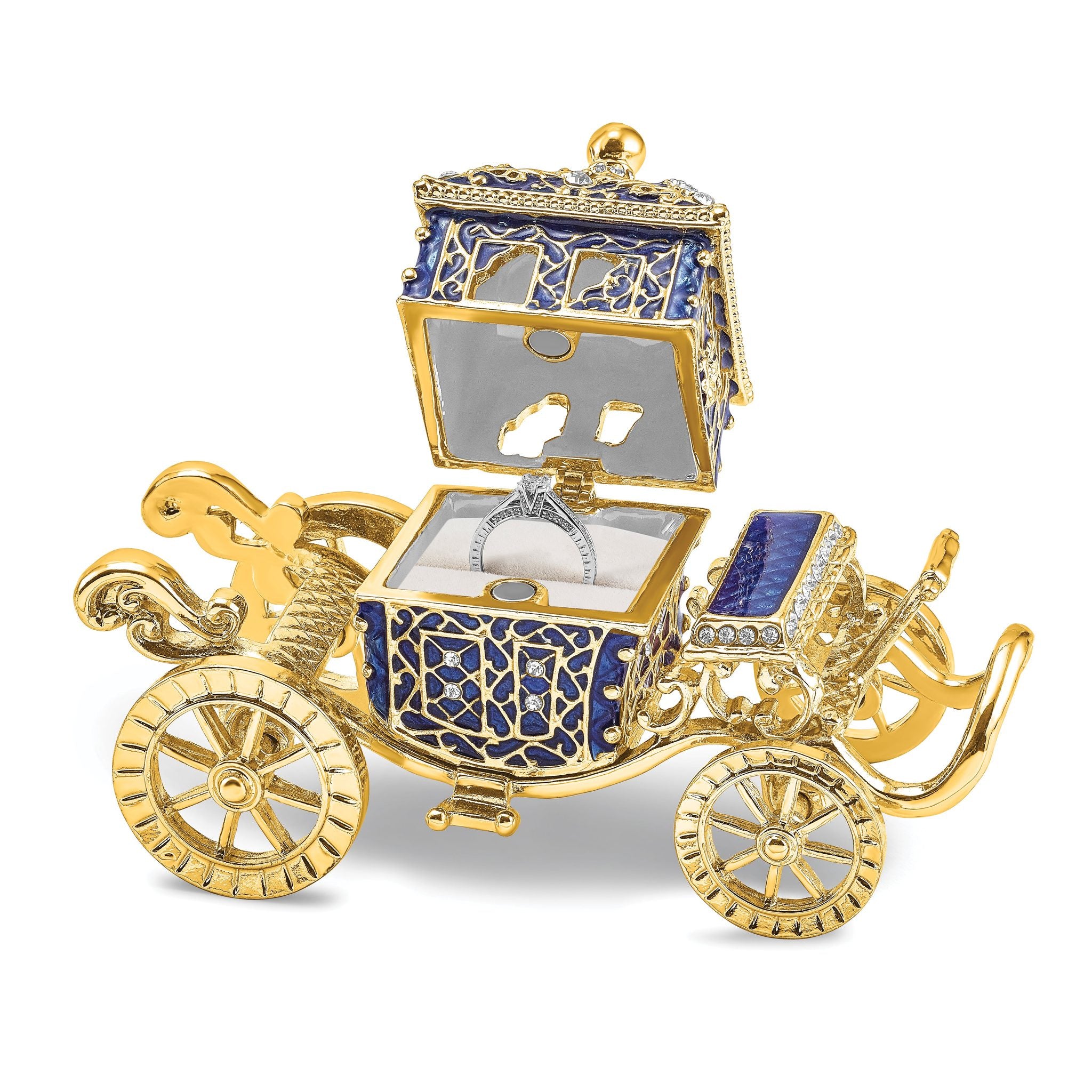Luxury Giftware Pewter Bejeweled Crystals Gold-tone Enameled ROYAL BLUE Carriage With Ring Pad Trinket Box with Matching 18 Inch Necklace Secondary image