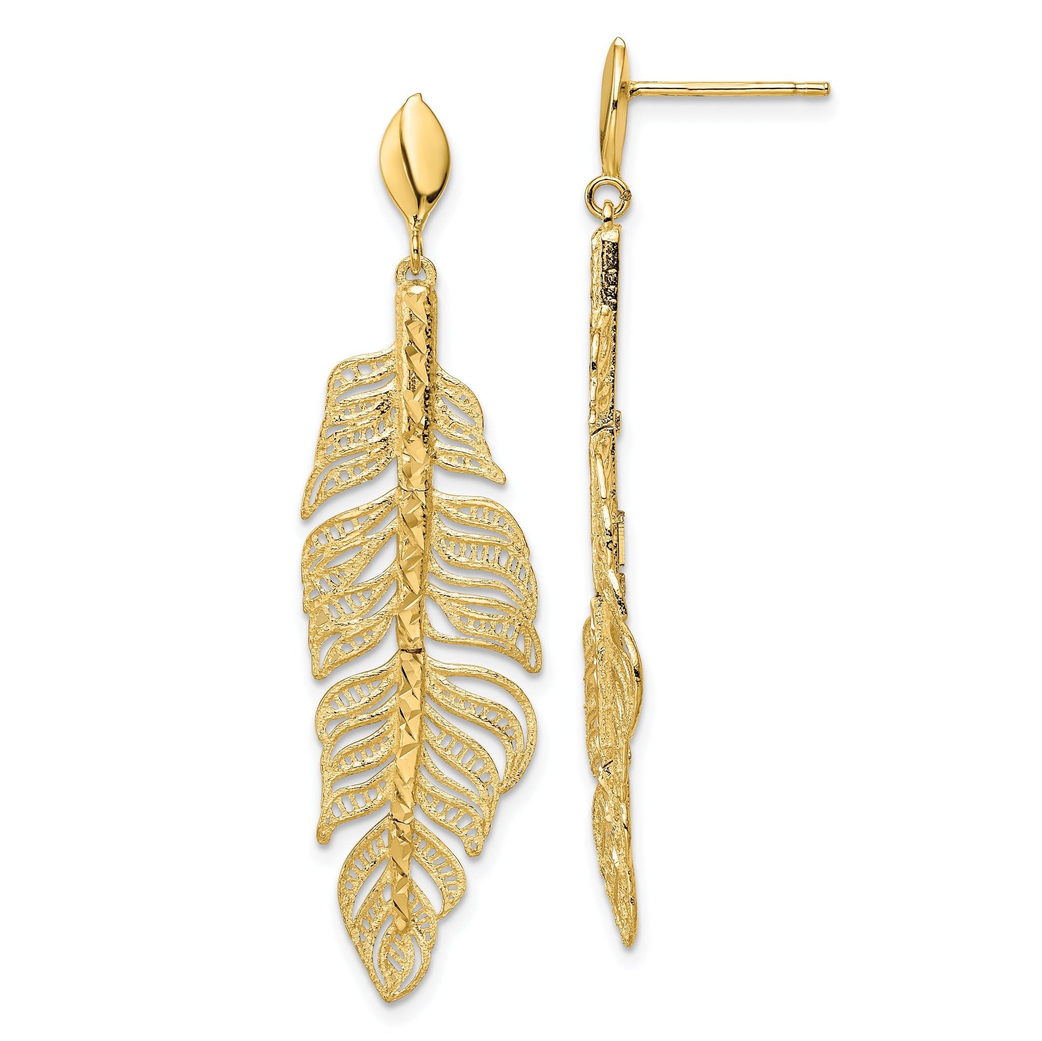 14k Polished D/C Textured Leaf Post Dangle Earrings Main image