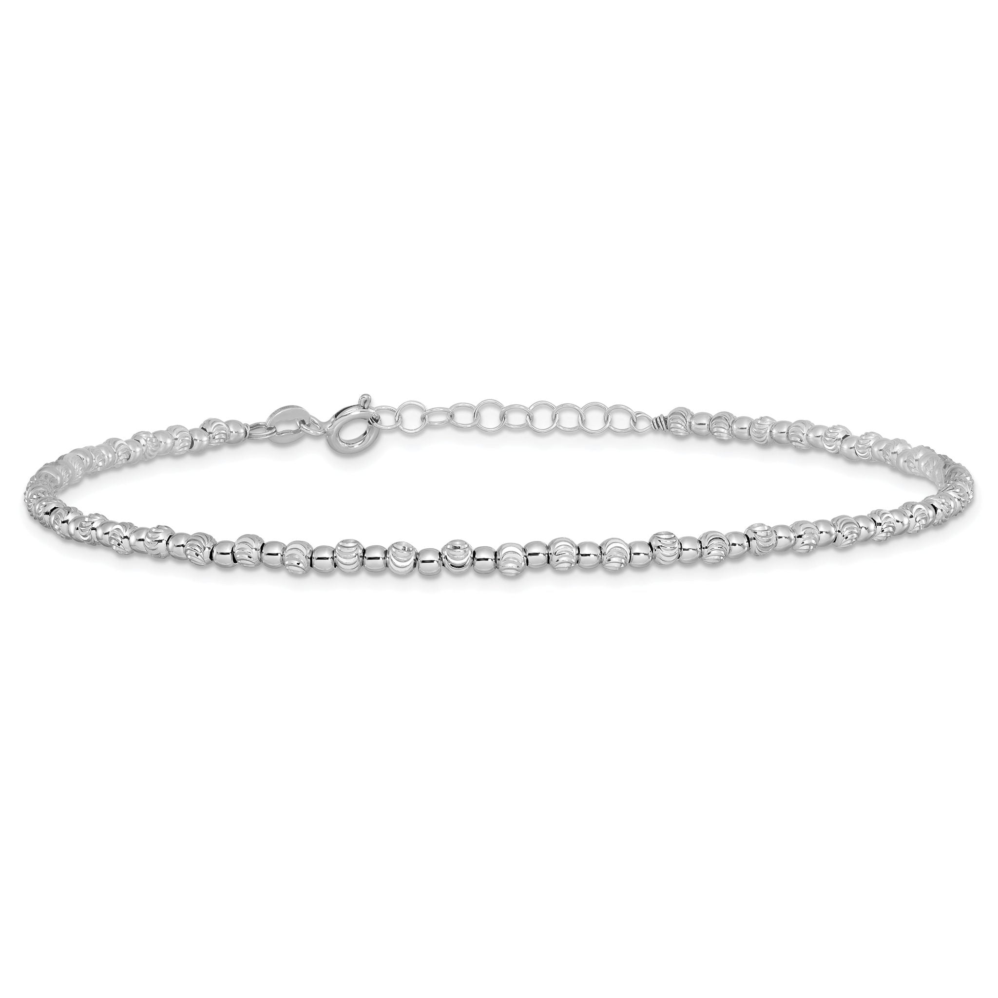Sterling Silver Rhodium Diamond Cut Beaded w/1in ext. Anklet