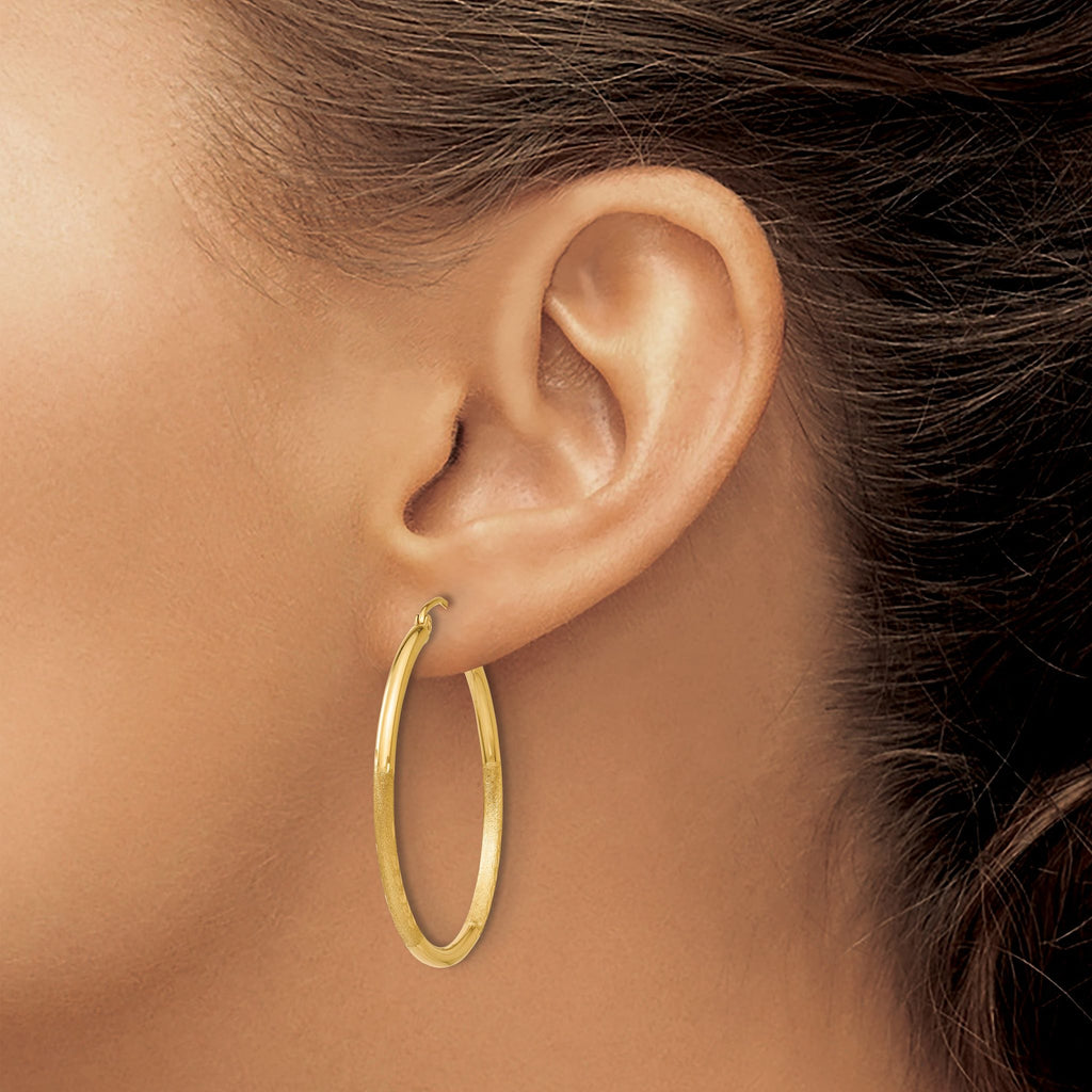 14k Satin and D/C 2mm Round Tube Hoop Earrings