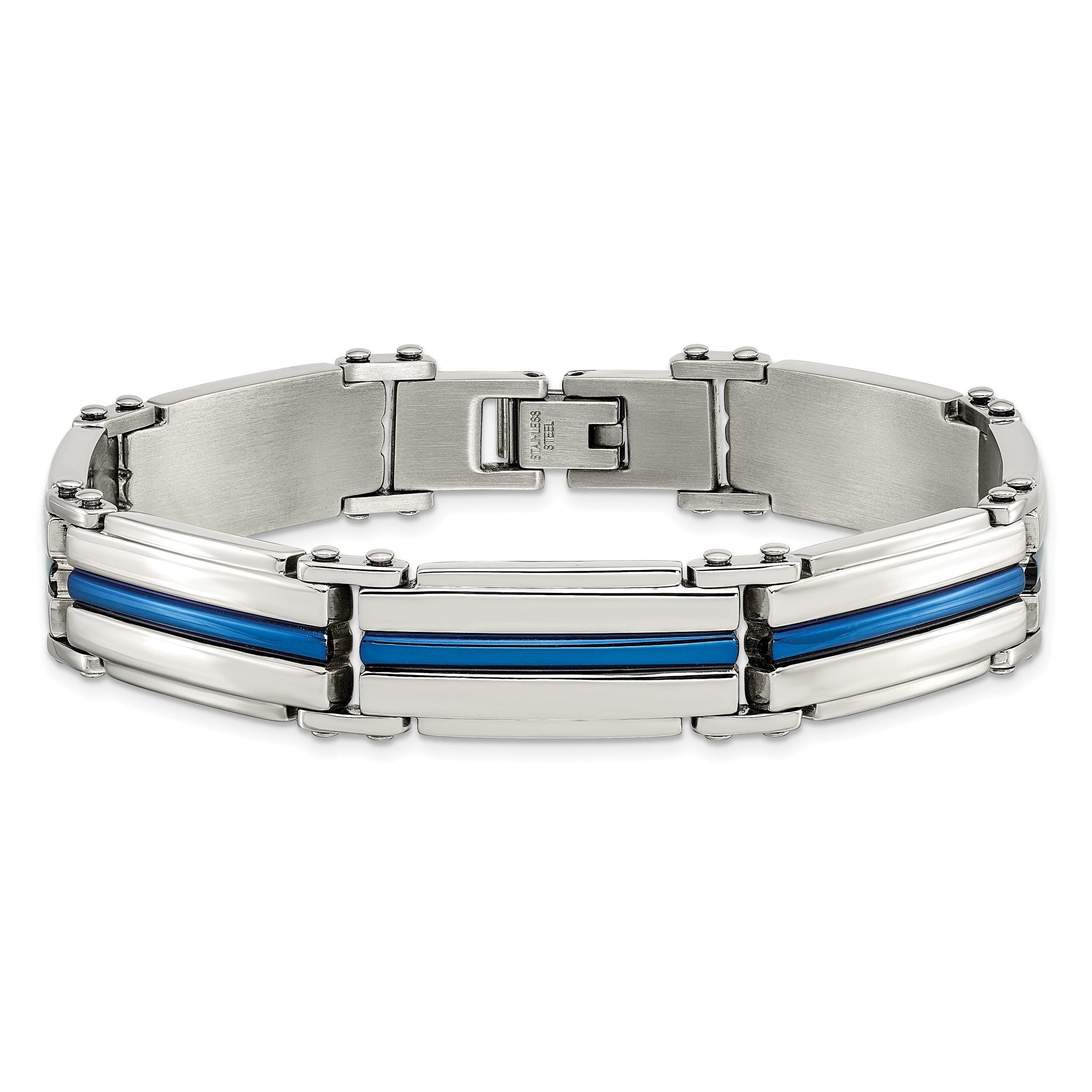 Stainless Steel Polished Blue IP-plated Link Bracelet for Men