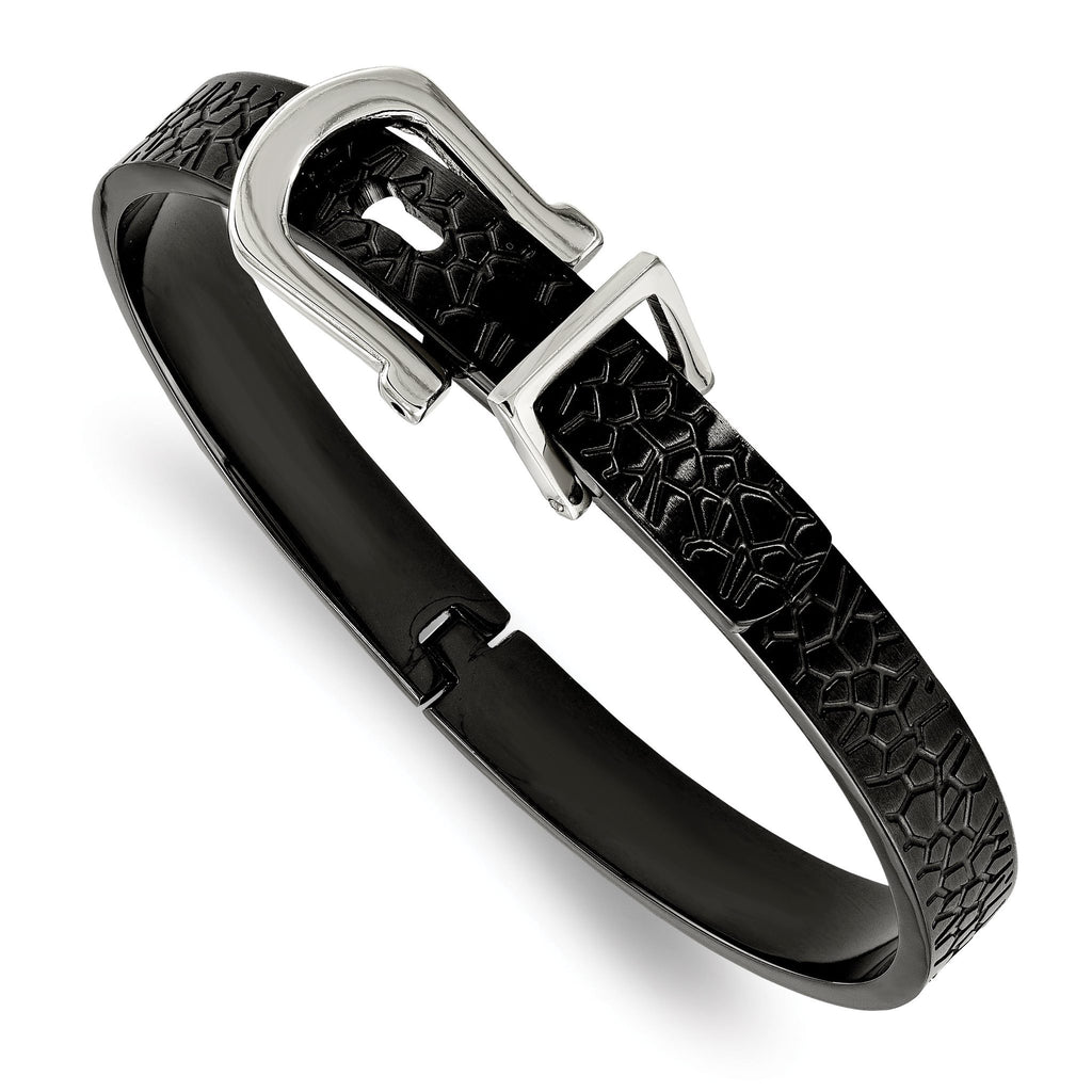 Stainless Steel Brushed and Textured Black IP-plated Hinged Bangle Bracelet for Women