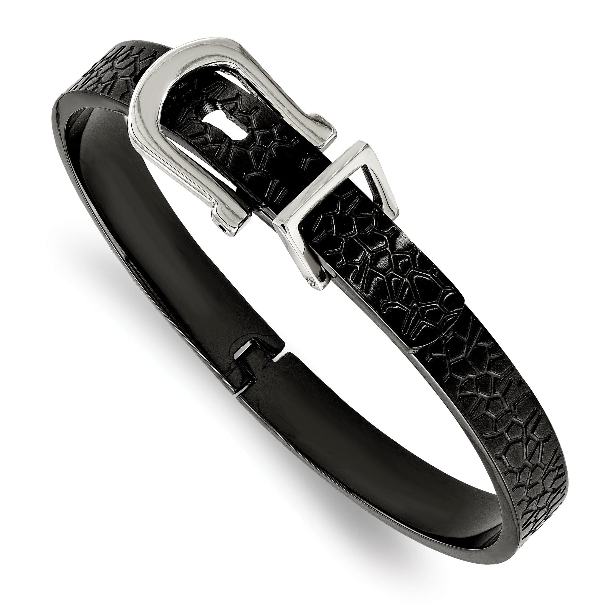 Stainless Steel Brushed and Textured Black IP-plated Hinged Bangle Bracelet for Women