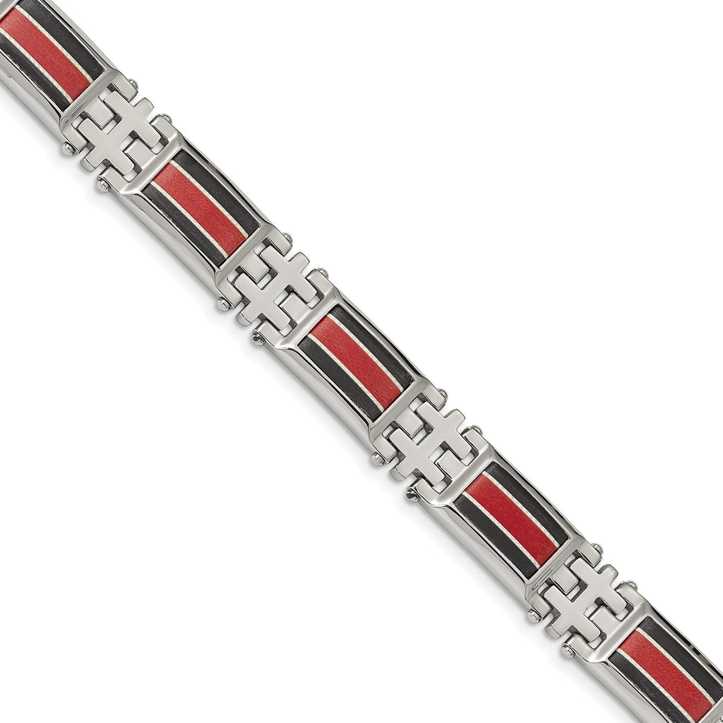 Stainless Steel Polished with Black Carbon Fiber and Red Fiberglass Inlay Link Bracelet for Men